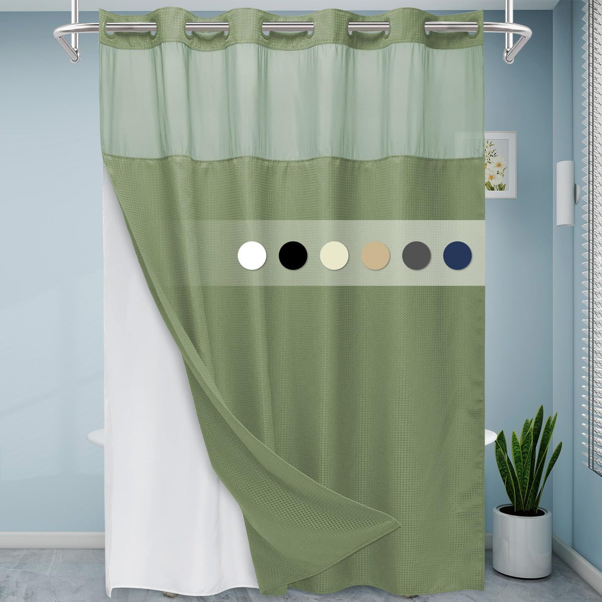 Eutxl Sage Green Long Hotel Shower Curtain - 230Gsm Waffle Textured Heavy Duty Thick Fabric Shower Curtains For Bathroom,71W X 8