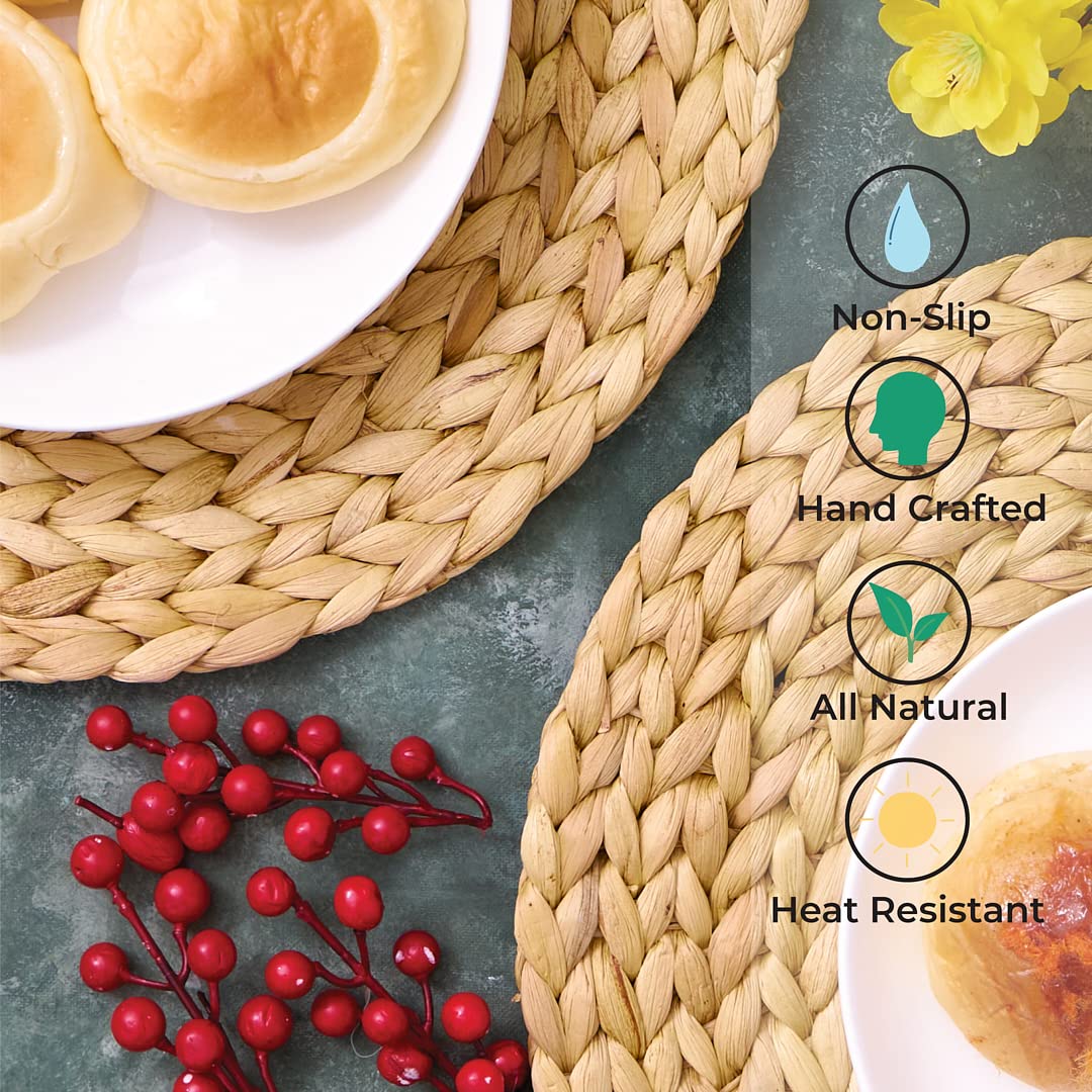 (4 Sizes: 12''-13''-14''-15'') Barien Woven Placemats Round Set Of 10, Natural Water Hyacinth Weave Placemat For Dining Table, L
