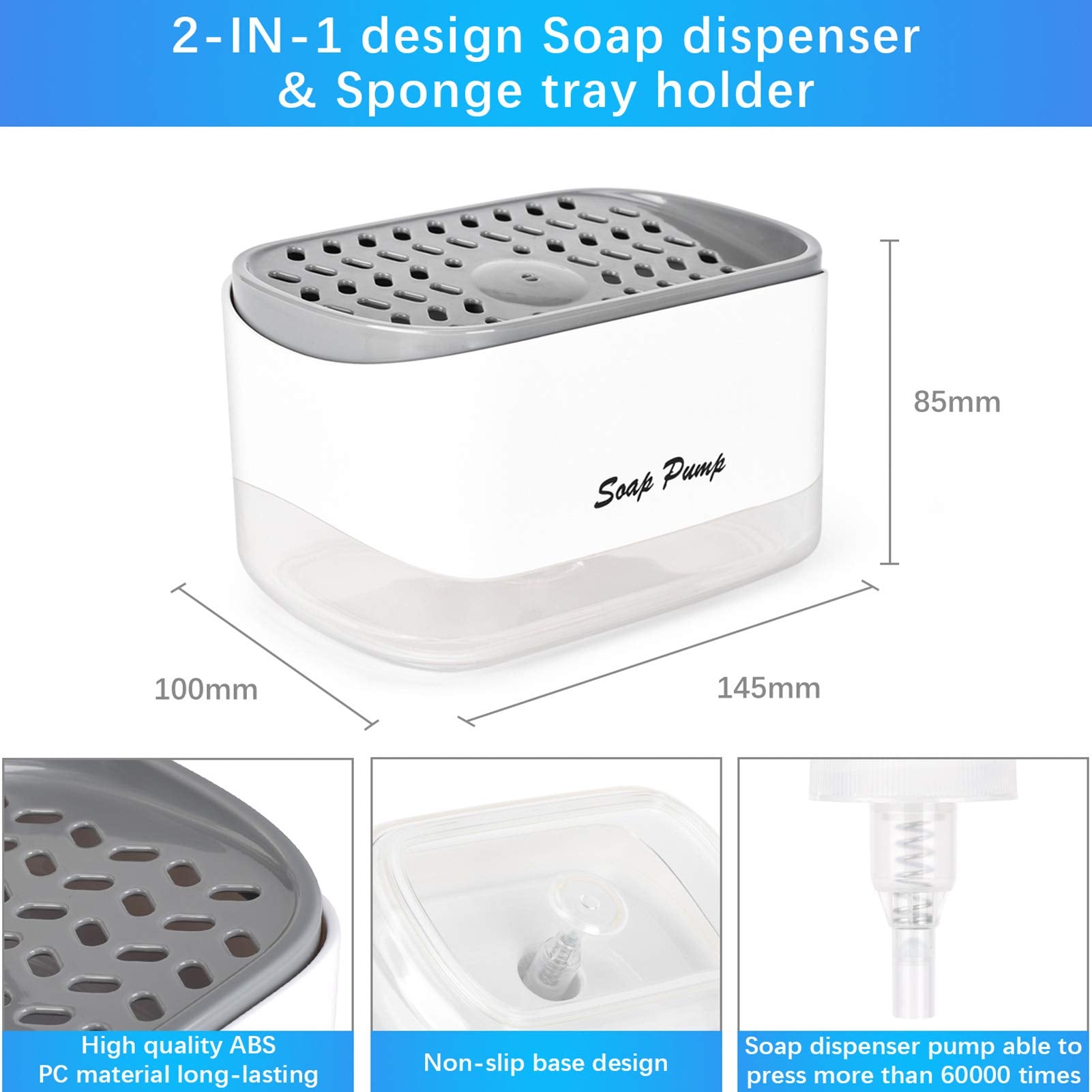 Kitchen Dish Soap Dispenser With Sponge Holder, 2-In-1 Countertop Soap Pump Dispenser, For Kitchen Sink Dishwashing Soap Dispens