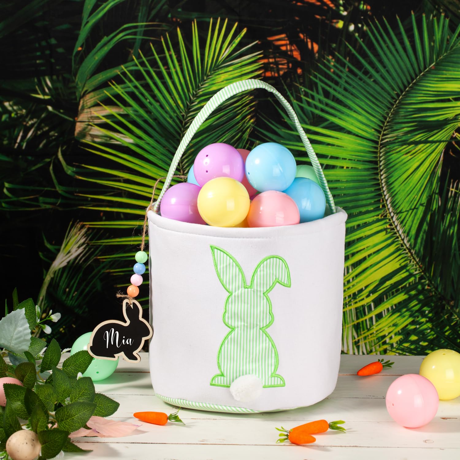 Easter Basket, Bunny Baskets with Pom-Pom Tail, Stripe Pattern, Bucket for Egg Hunts, Easter Gifts (Green)