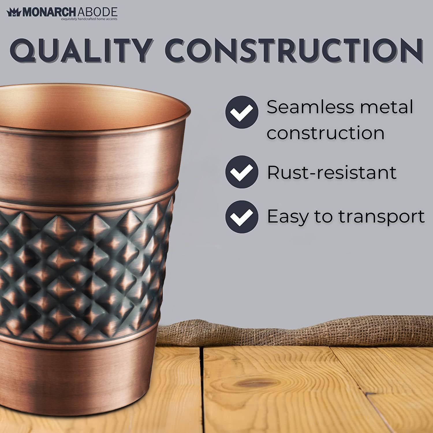 Monarch Abode 29628 Handcrafted, Geometric Embossed, Metal Wastebasket Trash Can For Home Office Bedroom, Decorative Wastebasket