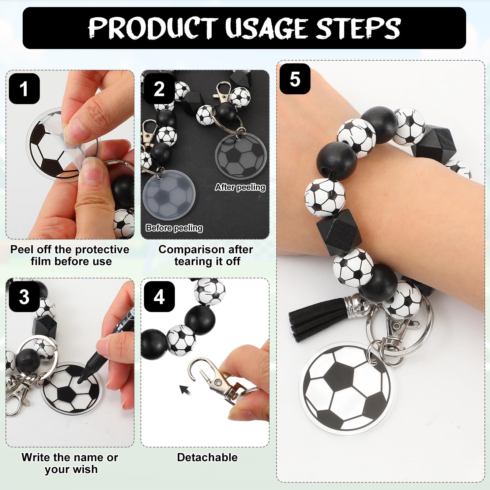 Siifert 20 Pcs Soccer Keychain Team Gifts Wood Bead Sports Charm Wristlet Bracelets For Student Back To School Coach Teacher