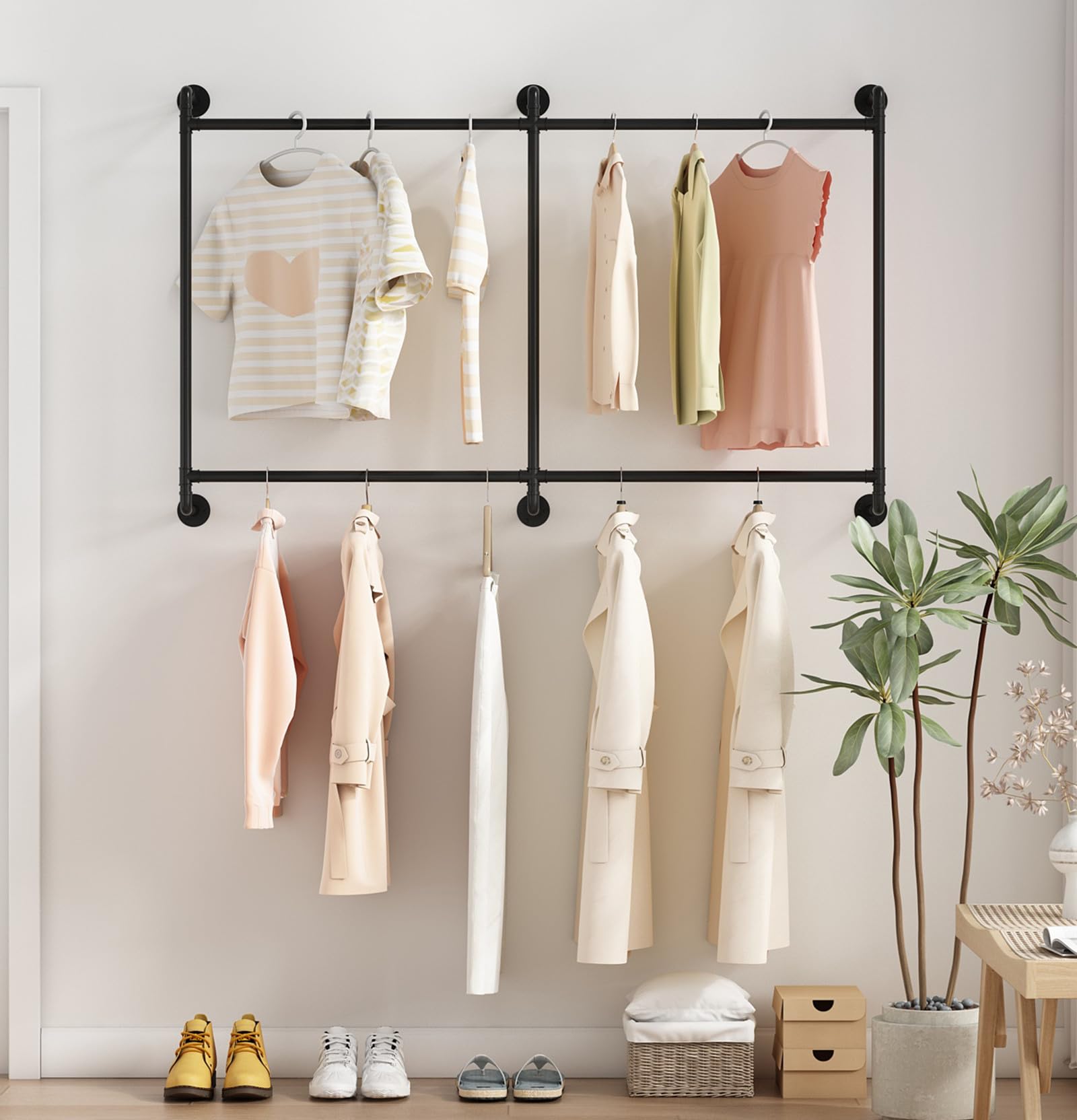 Mairhk Industrial Pipe Clothing Rack Clothing Rack Wall Mounted Clothes Racks For Hanging Clothes Double Rod-2 Tier Black