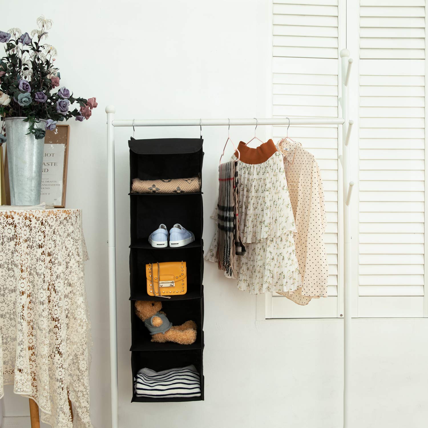 BrilliantJo 2 Pack Hanging Closet Organizer  5 Shelves Hanging Storage with 6 Side Pockets for Clothes Shoes  43''x12''x12''(Black)