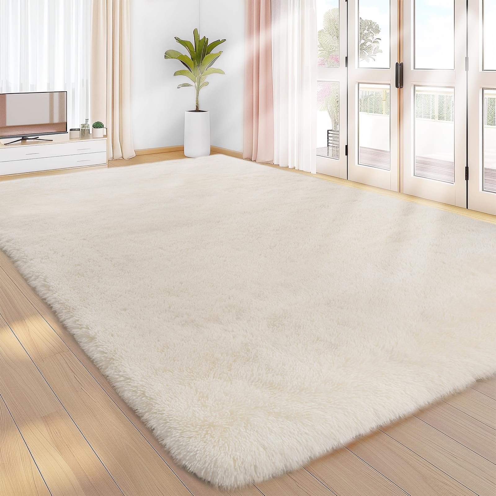 Sour Lemon Area Rugs 8x10 Living Room, Cream Large Area Rug Shag Shaggy Carpet Soft Plush Furry Bedside Rug, Machine Washable Ar