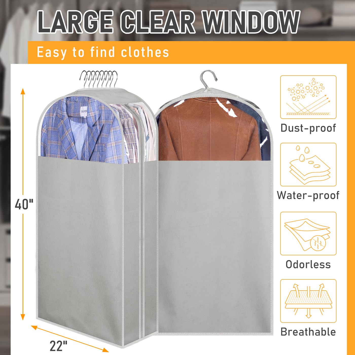 MISSLO 10'' Gussetes Garment Bags for Hanging Clothes 40'' Clear Suit Bags for Closet Storage Suit Cover Bags Coat Protector  3 Packs  Grey