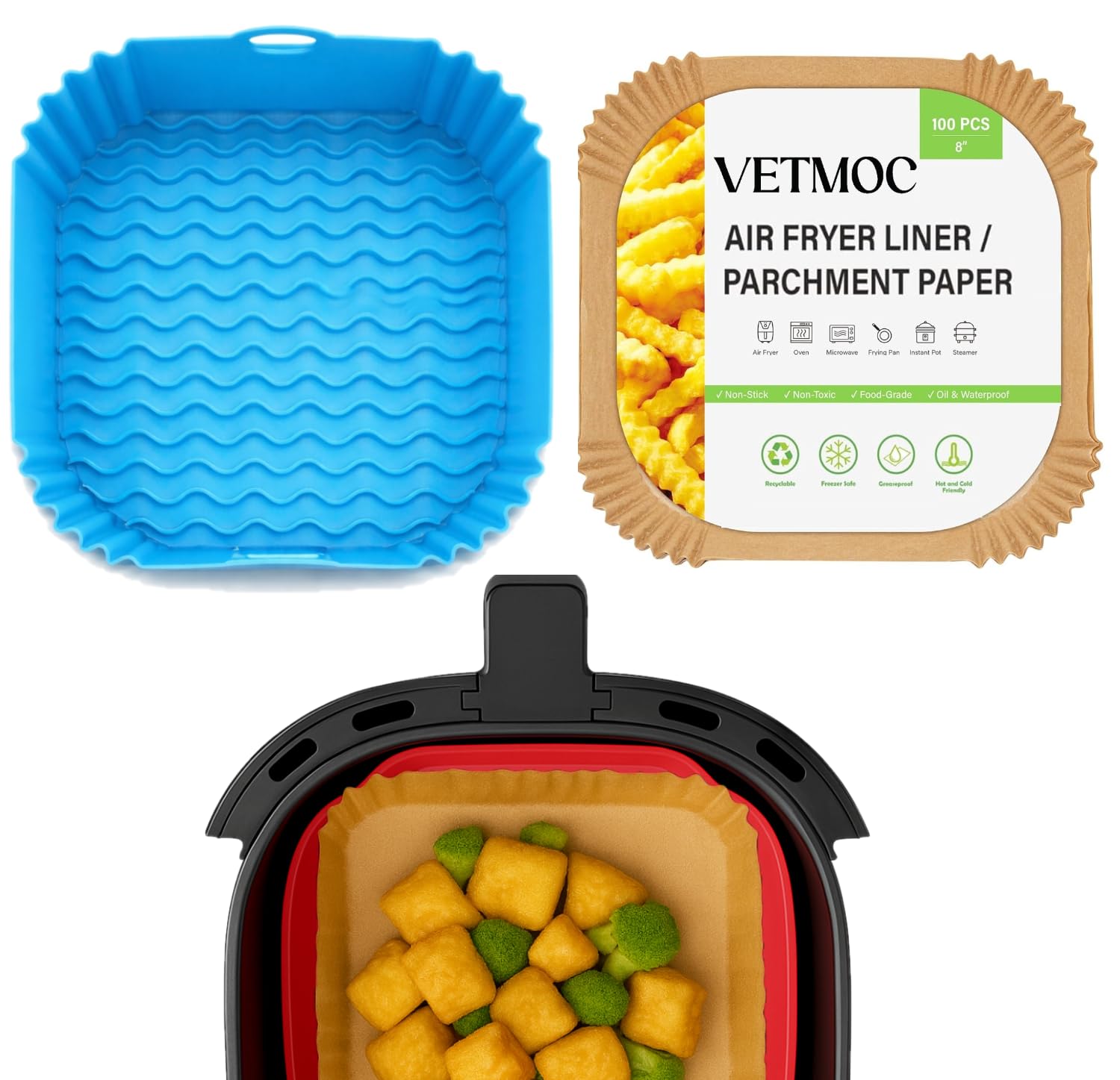 Vetmoc 1 Silicone Air Fryer Liner + 100 Paper Sheets | Reusable Silicone Liner With Disposable Parchment Paper | Non-Stick, Heat