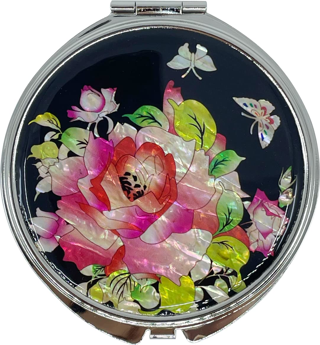 Nacreh Portable Makeup Compact Double Magnifying Mirror Cosmestic Foldable Pocket Style Unique Mother Of Pearl Design (Rose)