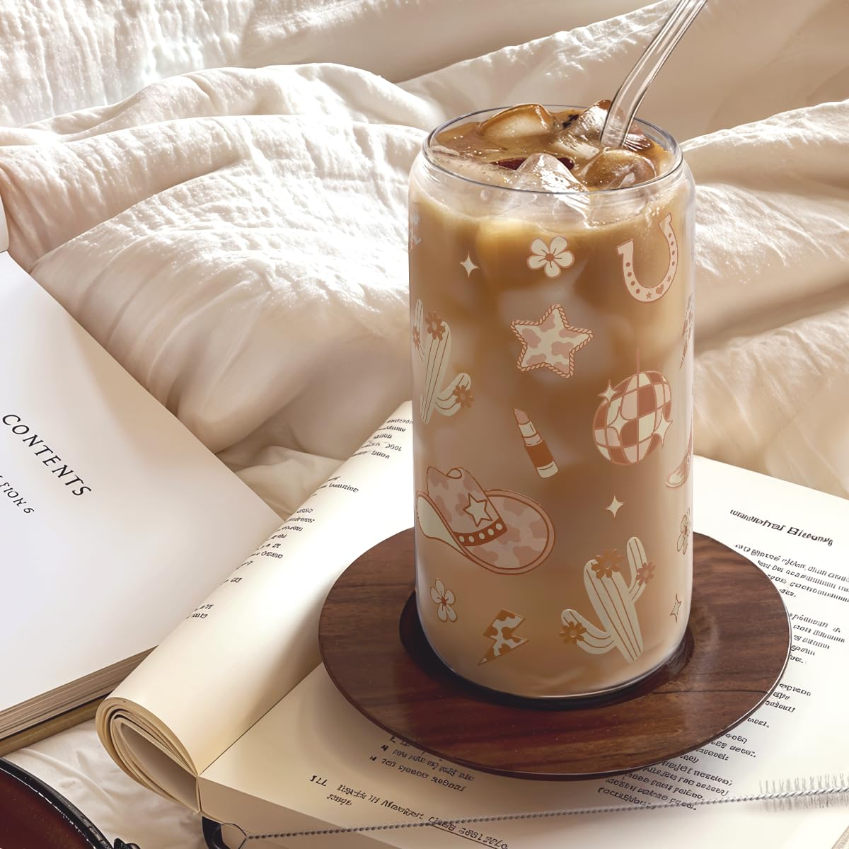 Western Cowgirl 16oz Can Glass Tumbler with Acrylic Lid & Straw, Iced Coffee Cup for Women, Aesthetic Cups Gifts for Birthday Ch