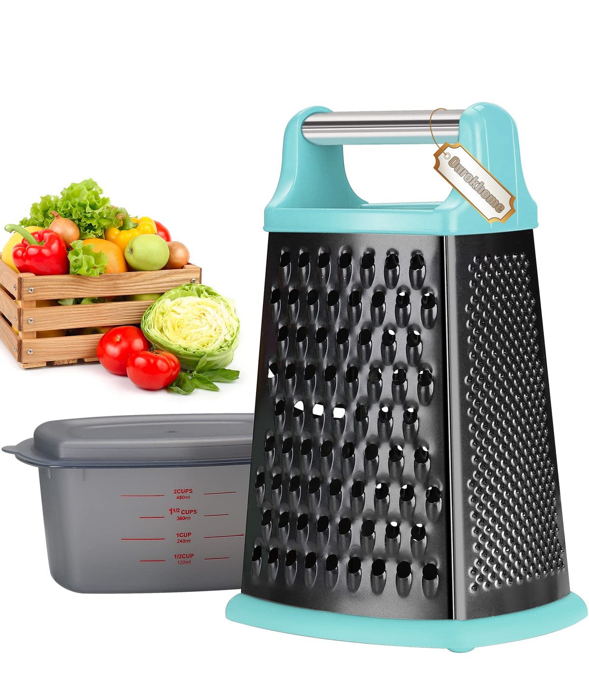 Ourokhome Stainless Steel Box Grater - 4 Side Xl Cheese Grater With A Container Box(Teal And Black)