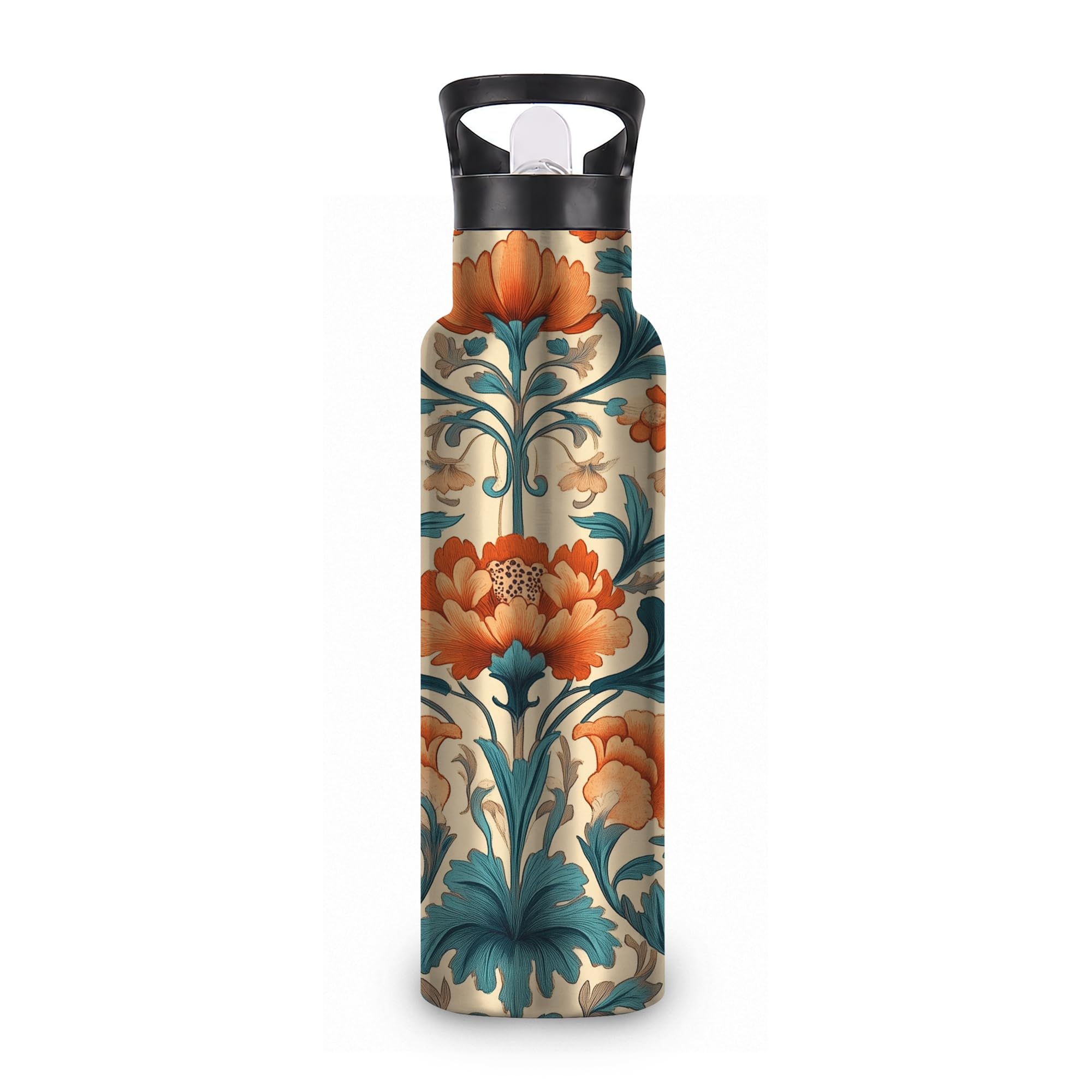ICRICR Vintage Floral 20 oz Insulated Water Bottles Boho Ethnic Flower Stainless Steel Thermal Bottle Leak Resistant with Straw 