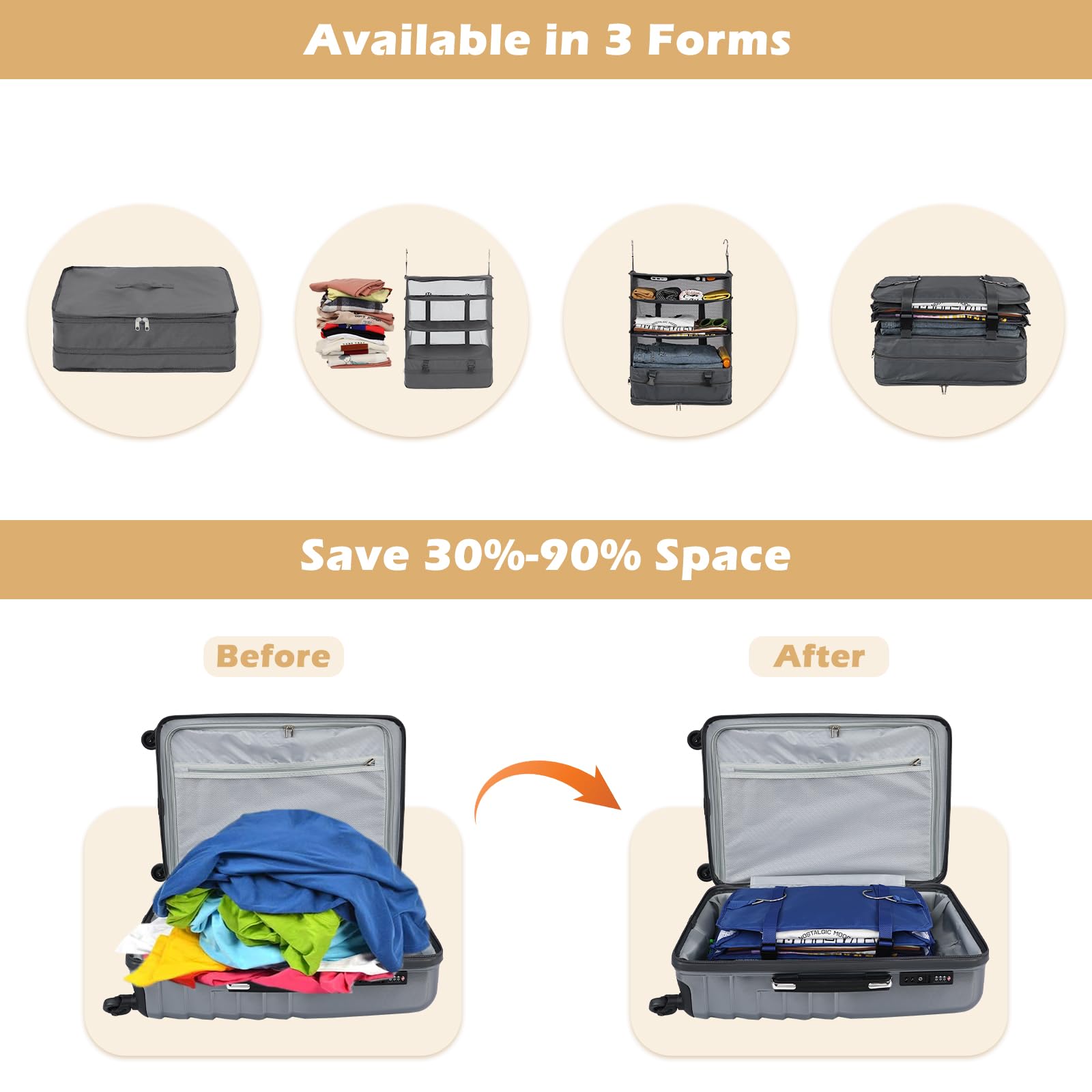 Surblue Hanging Closet Storage Bag Collapsible 3-Shelf Washable Oxford Fabric With 2 Hooks (Xl 17.71 * 11.81 * 20In, Grey)