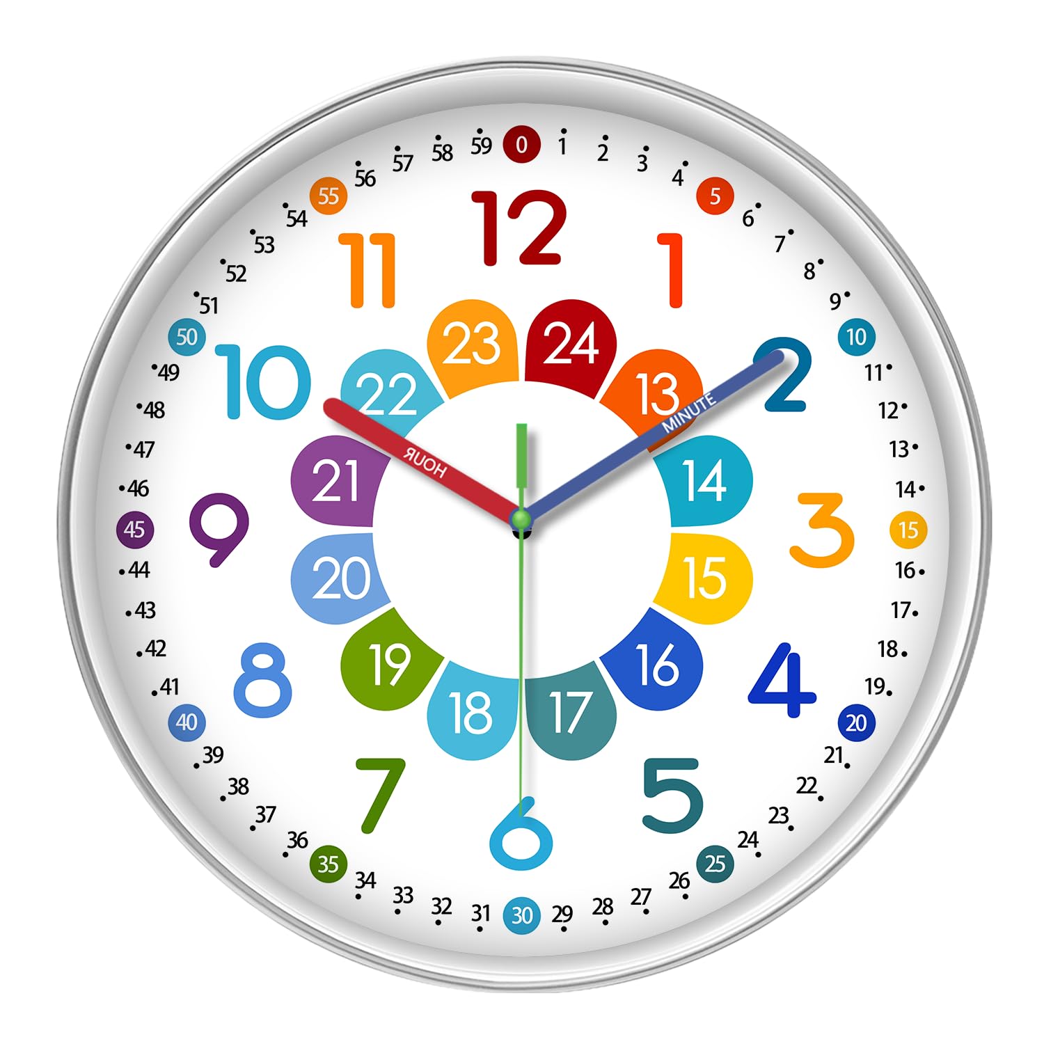 Xfm Analog Clock For Kids Learning - Colorful Small Wall Clocks Battery Operated 12 Inch - Silent Wall Clock For Nursery - Learn