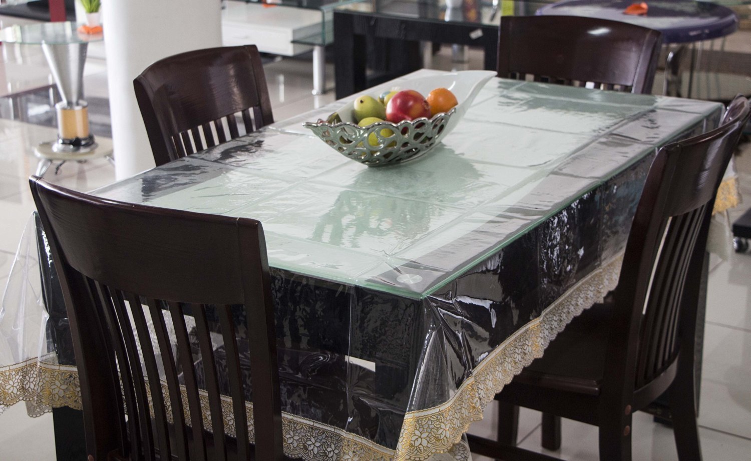 Kuber Industries PVC Dinner Table Cover  Transparent, Golden Lace, 6 Seater
