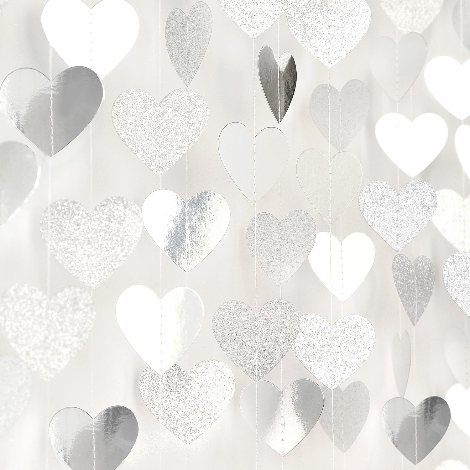 White -Silver Disco Party-Decoration Heart Garland - 52Ft Birthday New Years Eve Hanging Backdrop Streamers,Graduation Engagemen