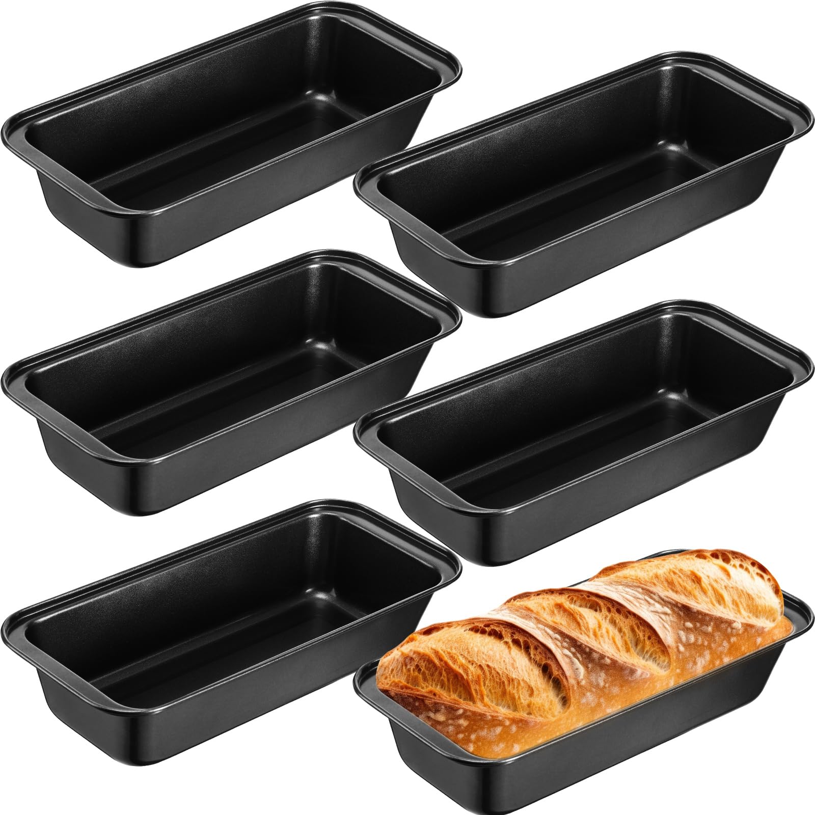 Sliner 6 Pcs Loaf Pan,12 X 5 Inch Long Loaf Pan Nonstick Baking Bread Pan Stainless Steel Rectangle Cake Pan Black Bread Tin Bak