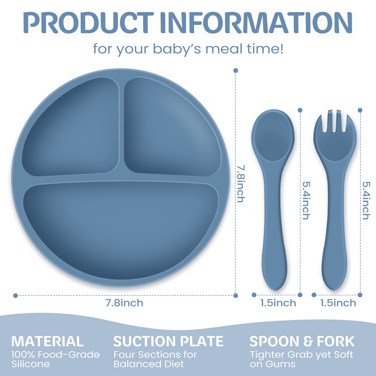 Potchen 6 Pack Suction Plates for Baby with Spoon Fork Divided Toddler Plate with Suction Silicone Baby Self Feeding Set for Boy