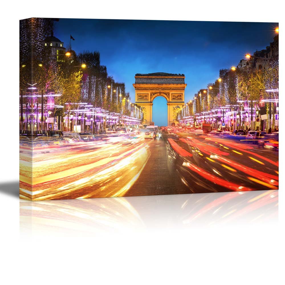Canvas Prints Wall Art - Arc De Triomphe Paris City At Sunset - Arch Of Triumph And Champs Elysees - 12'' X 18''