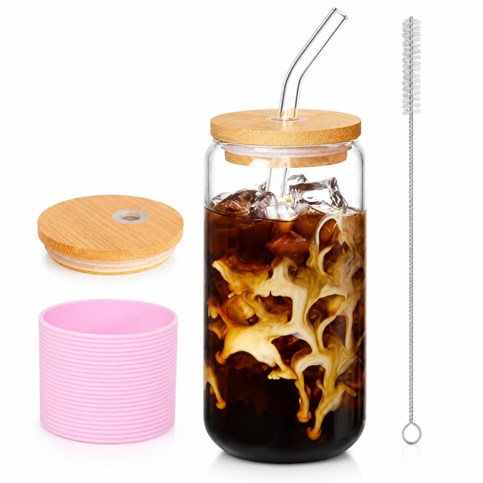 DAMCONME Glass Tumbler with Lid and Straw, 16 oz Reusable Iced Coffee Cup with Bamboo Lid, Silicone Sleeve, for Cold Brew and Ic