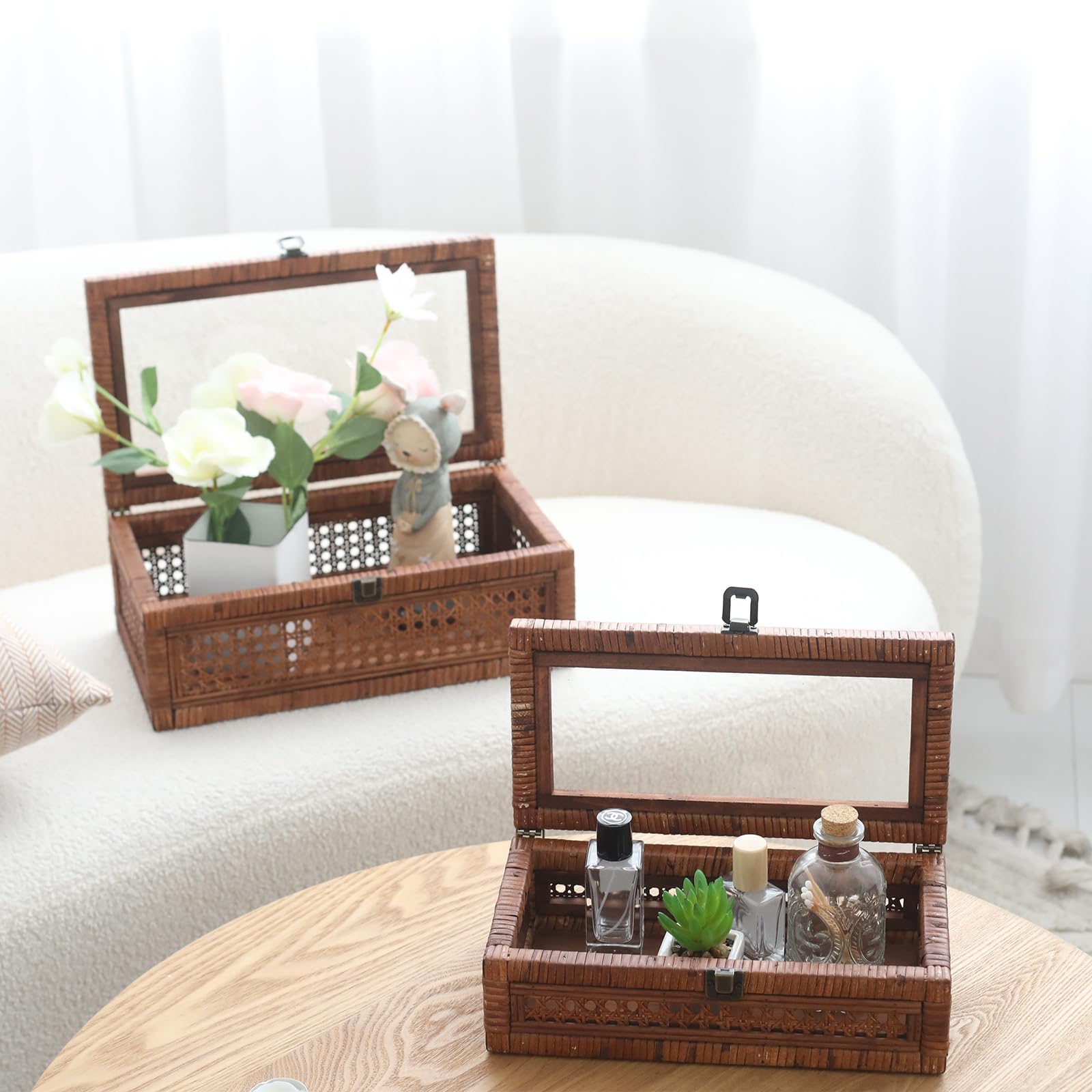 DECOR4SEASON Rattan and Cane Stacking Boxes with Glass Top Lid - Set of 2 11.8 and 14.1, for Boho and Rustic Farmhouse Decor, Br