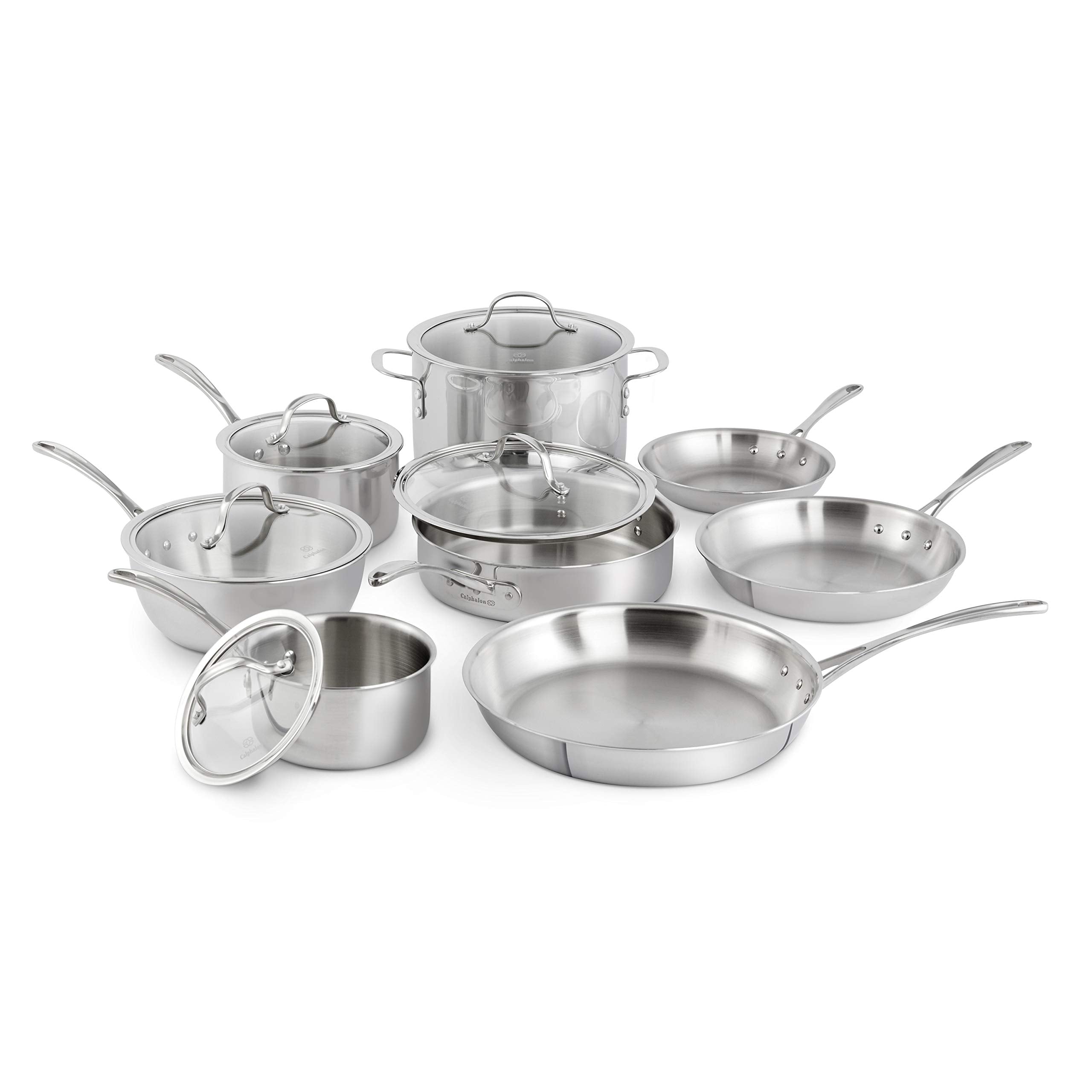 Calphalon Tri-Ply Stainless Steel Cookware Set, 1 1/2- And 2 1/2-Quart, 13 Piece (Silver)