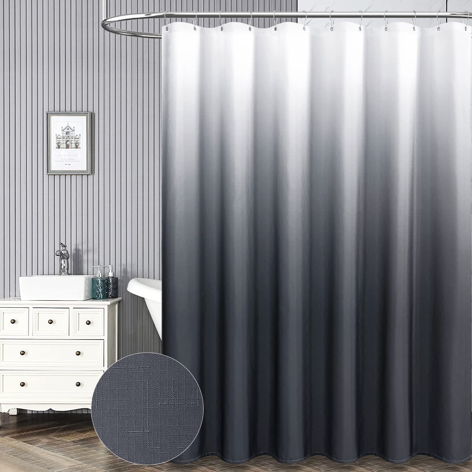 Bttn Stall Fabric Shower Curtain - 60 X 72 Inch Ombre Linen Textured Weighted Shower Curtain Set With 10 Metal Hooks, Narrow Mod