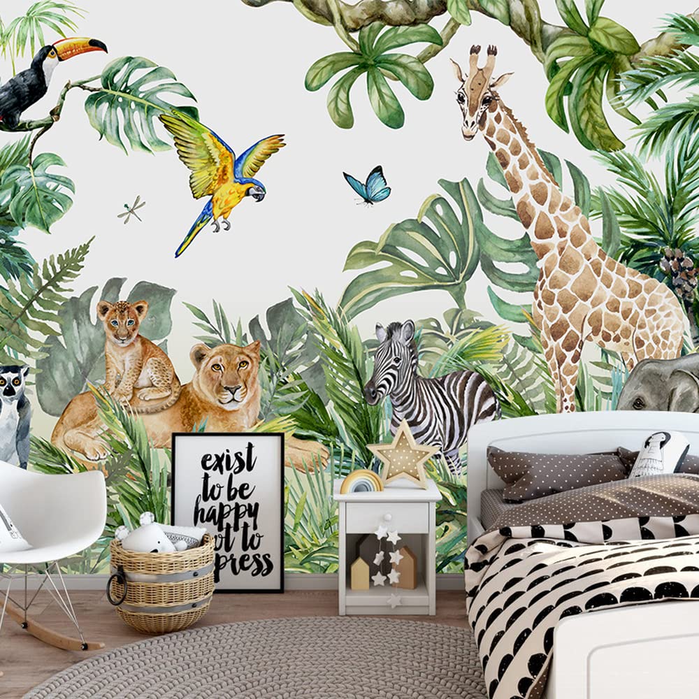 Mfwfm Safari Wallpaper For Children With Animals Jungle Wall Mural Watercolor Animals Nursery Wallpaper Kids Room Decor(Not Peel