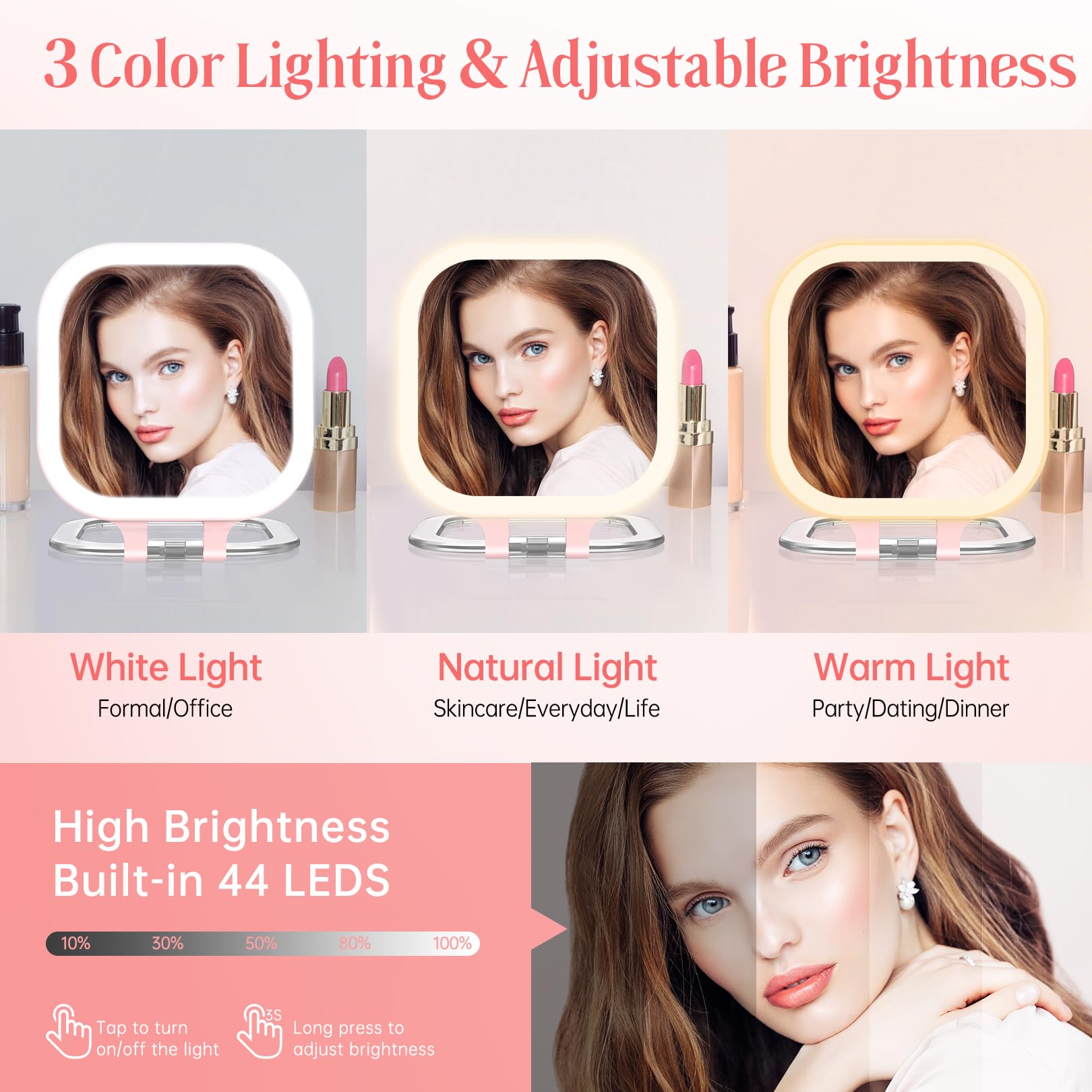Fascinate 10X Magnification Compact Travel Makeup Mirror With Lights And Magnification, 3.5 Inch Portable 1X/10X Magnifying Mirr