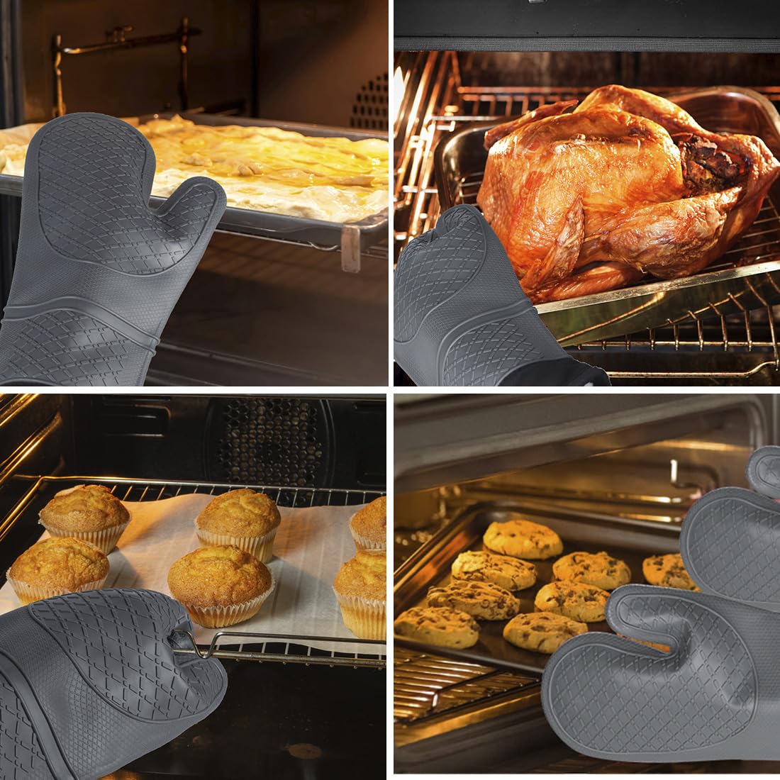 Hvalucen 2Pcs Silicone Oven Mitts Waterproof And Non-Slip Temperature Resistant To 500F 13 Inches Grey