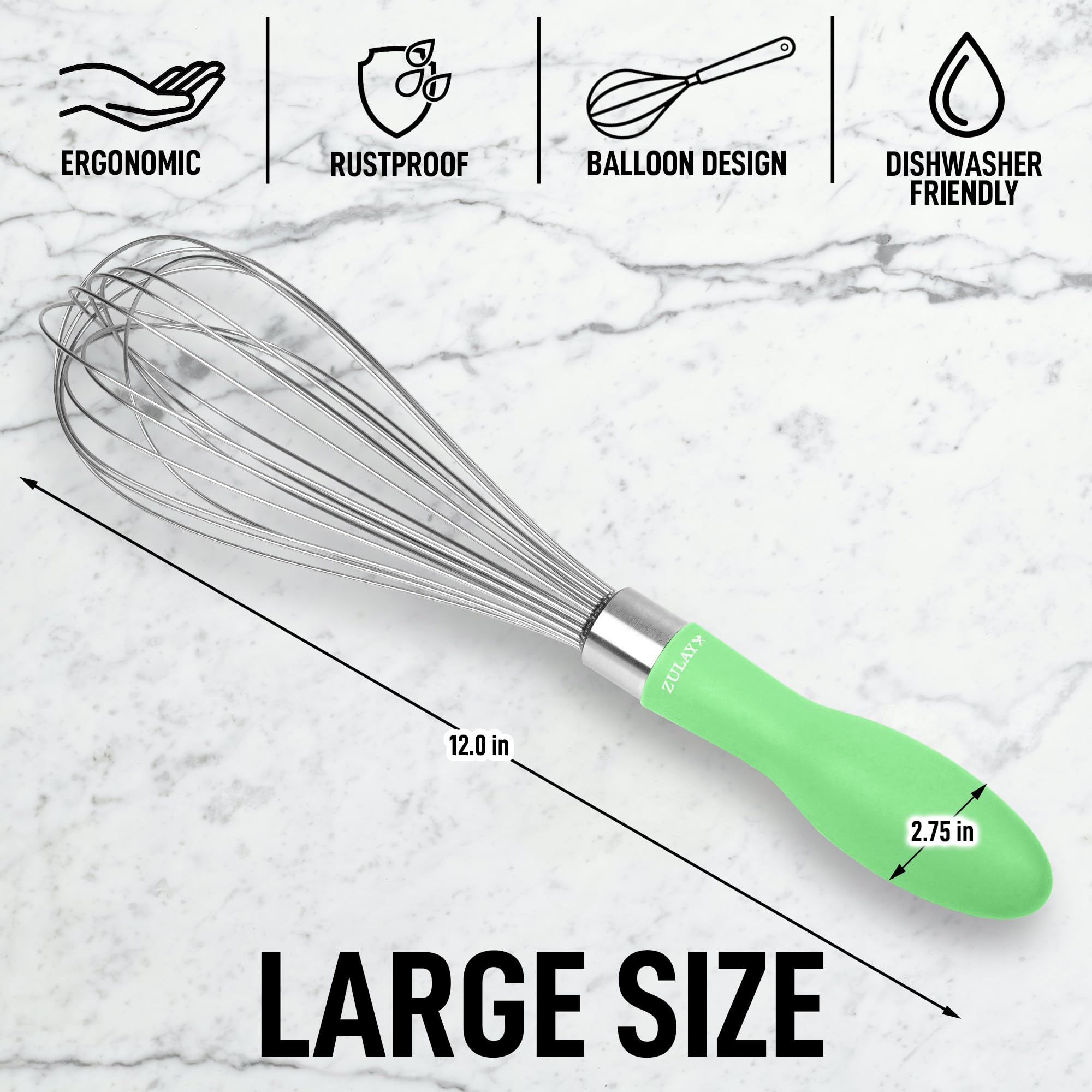 Zulay 12-Inch Stainless Steel Whisk - Balloon Whisk Kitchen Tool With Soft Silicone Handle - Thick Durable Wired Whisk Utensil F