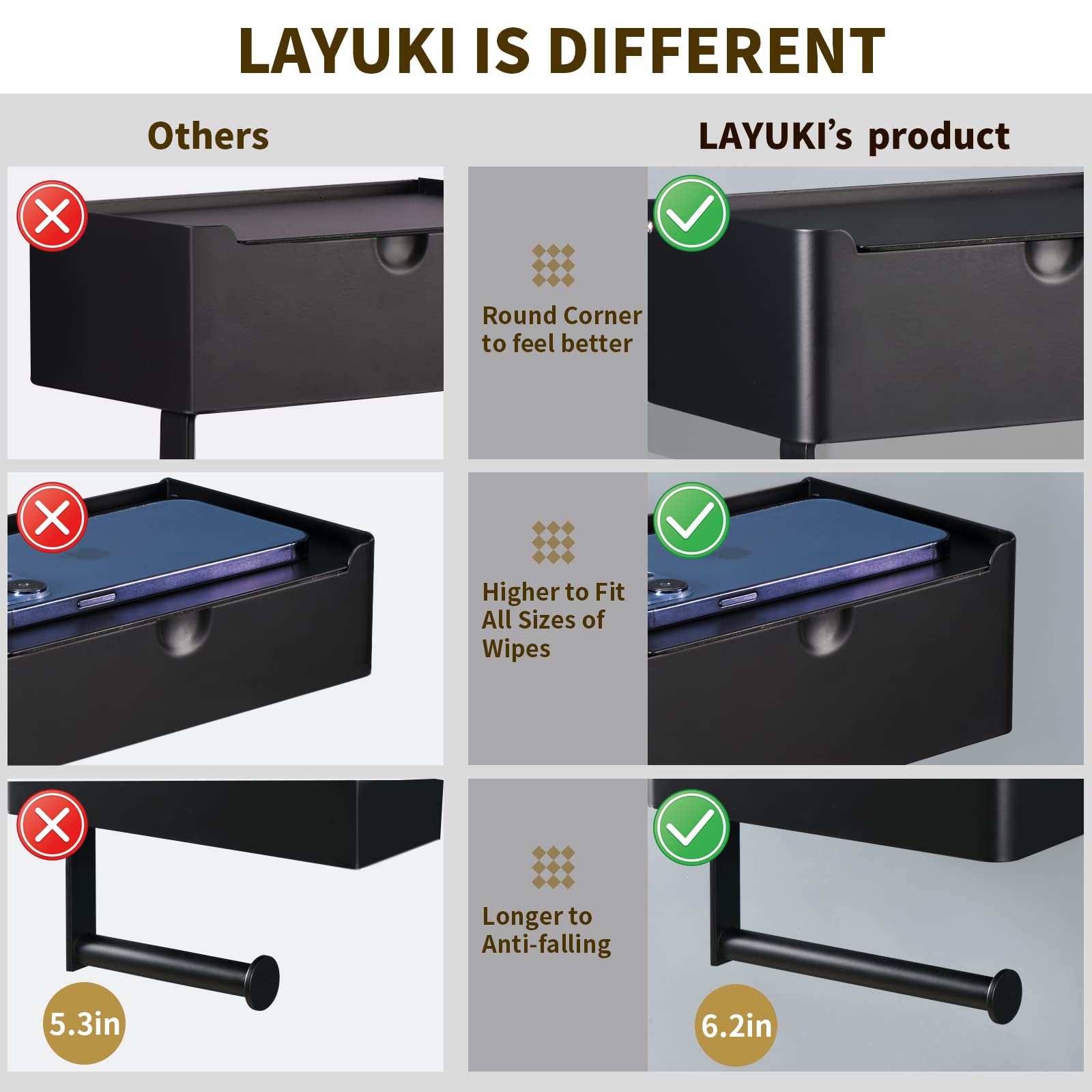 LAYUKI Large Toilet Paper Holder with Shelf  Wipes Dispenser and Storage  Stainless Steel  Wall Mounted  Matt Black  Upgraded Toilet Paper and Flushable Wipes Storage for Bathroom