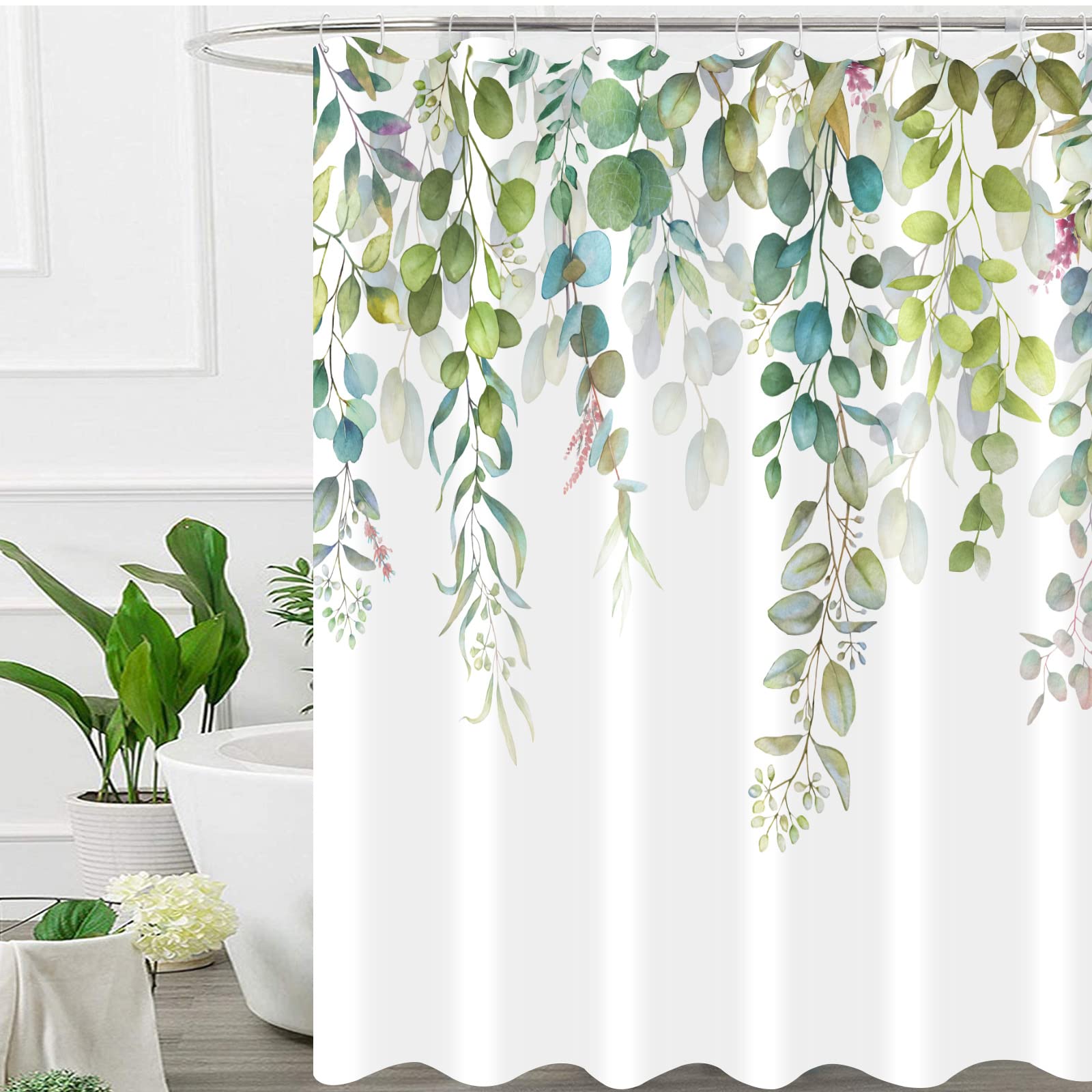 Zussun Long Green Eucalyptus Shower Curtain Watercolor Teal Plant Leaf Bathroom Shower Curtains Waterproof Fabric Botanical Flow