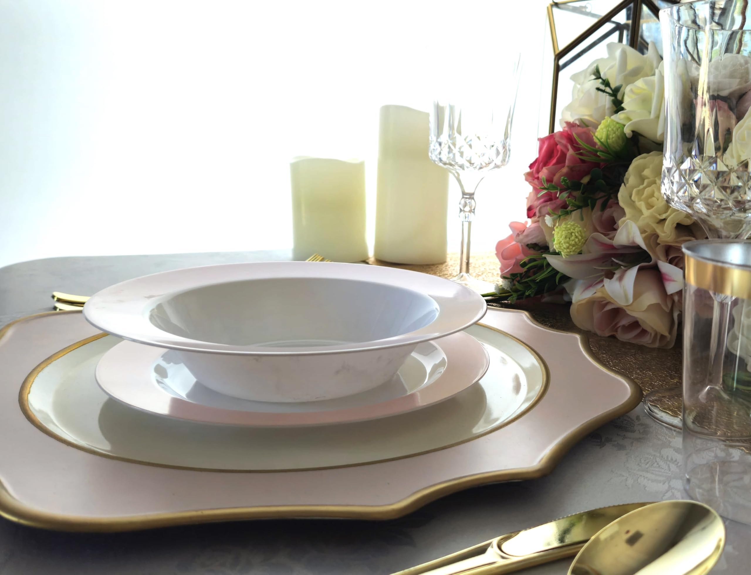 ' Occasions '' 40 Pieces Plates Pack, Disposable Wedding Party Plastic Bowls (12 Oz Soup Bowl, White In White & Pearled Pink Bl