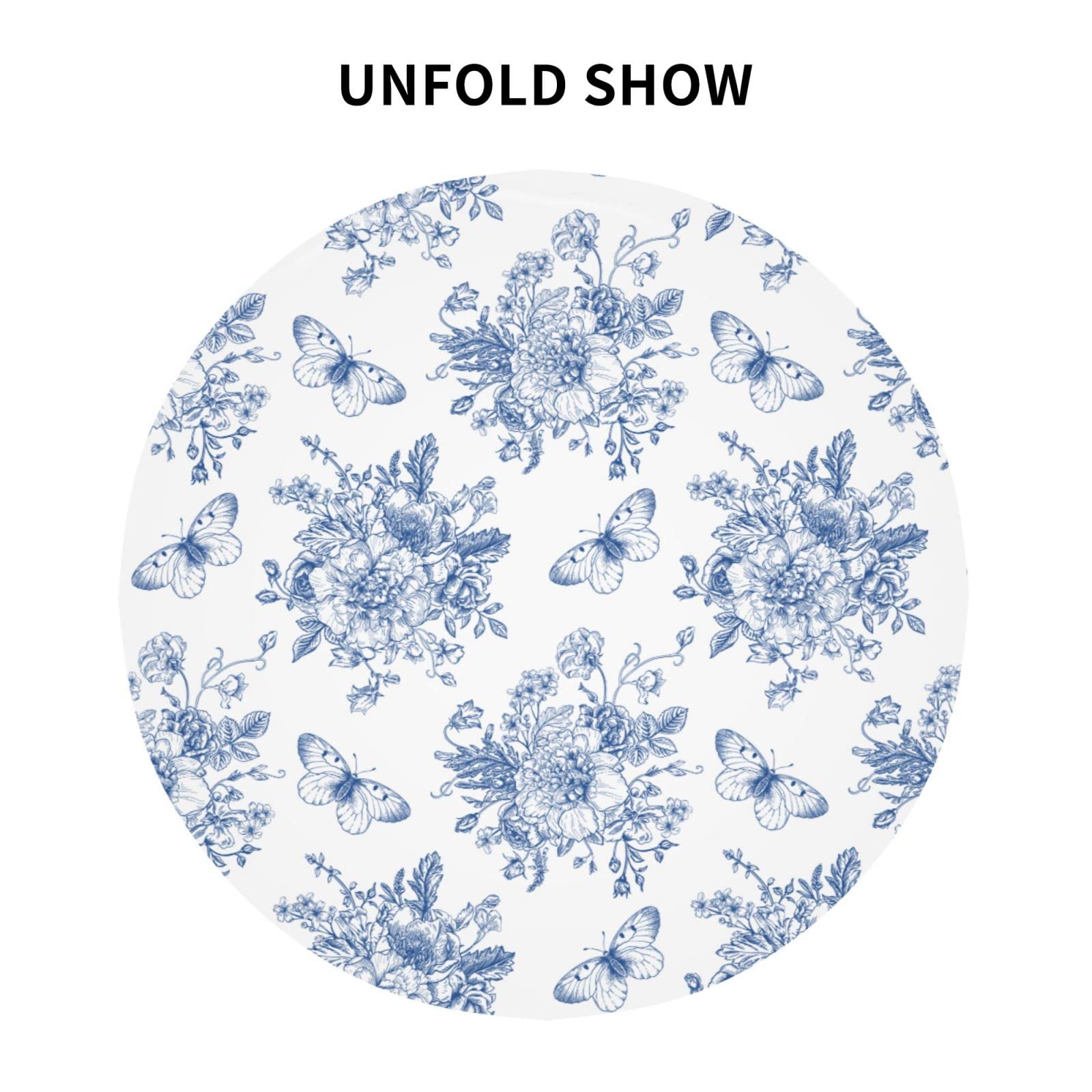Spring Floral Tablecloth Round 60 Inch Ruitic Butterfly Table Cloth Waterproof Fabric Farmhouse Blue White Flower Tablecloths De