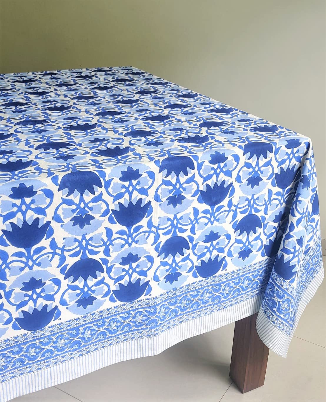 ATOSII Positano Blue 100% Cotton Square Fall Tablecloth, Handblock Floral Print Linen Table Cloth for Kitchen I Dining Table I T