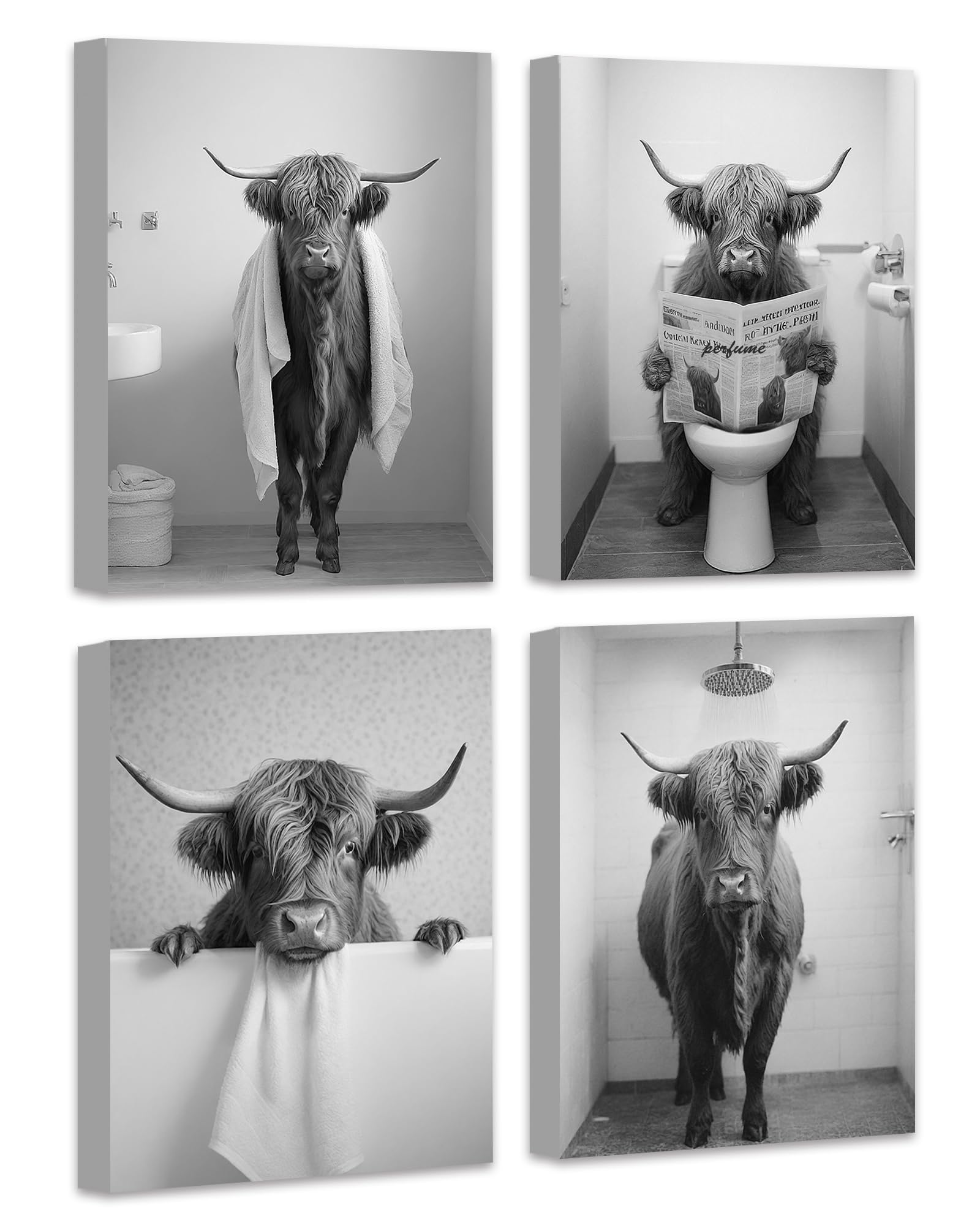 Funny Highland Cow Bathroom Wall Art Framed Black And White Rustic Cute Bathroom Canvas Prints For Bathroom Restroom Decor 12X16
