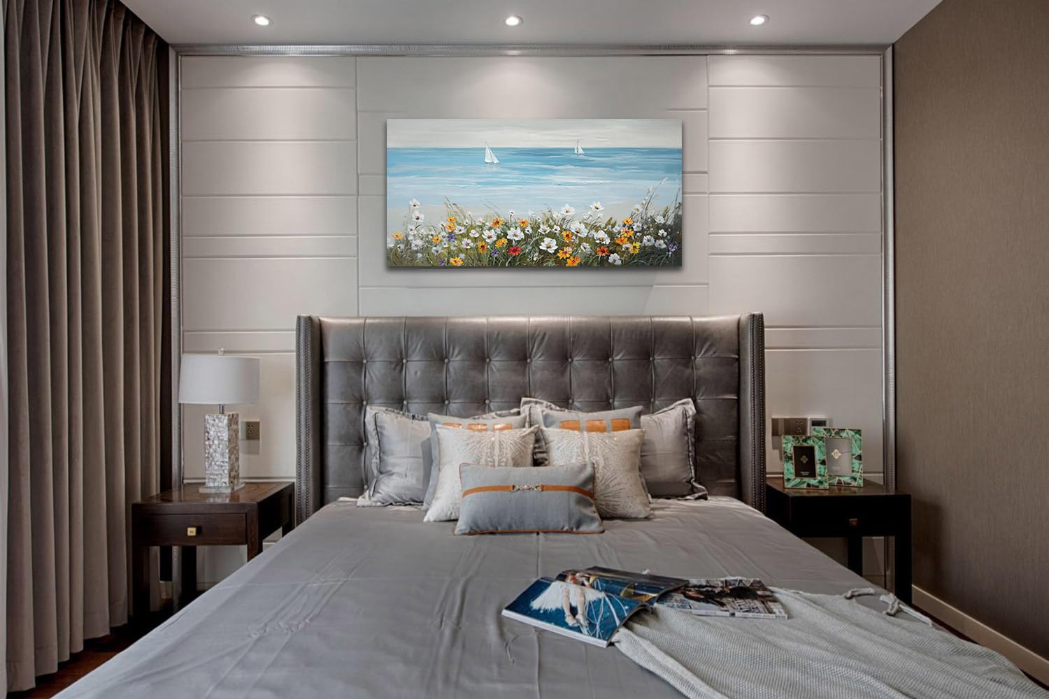 Ardemy Blue Coastal Wall Art Ocean Canvas Flowers Daisy Painting Landscape Sailboat Picture White Yellow Artwork Modern Seascape