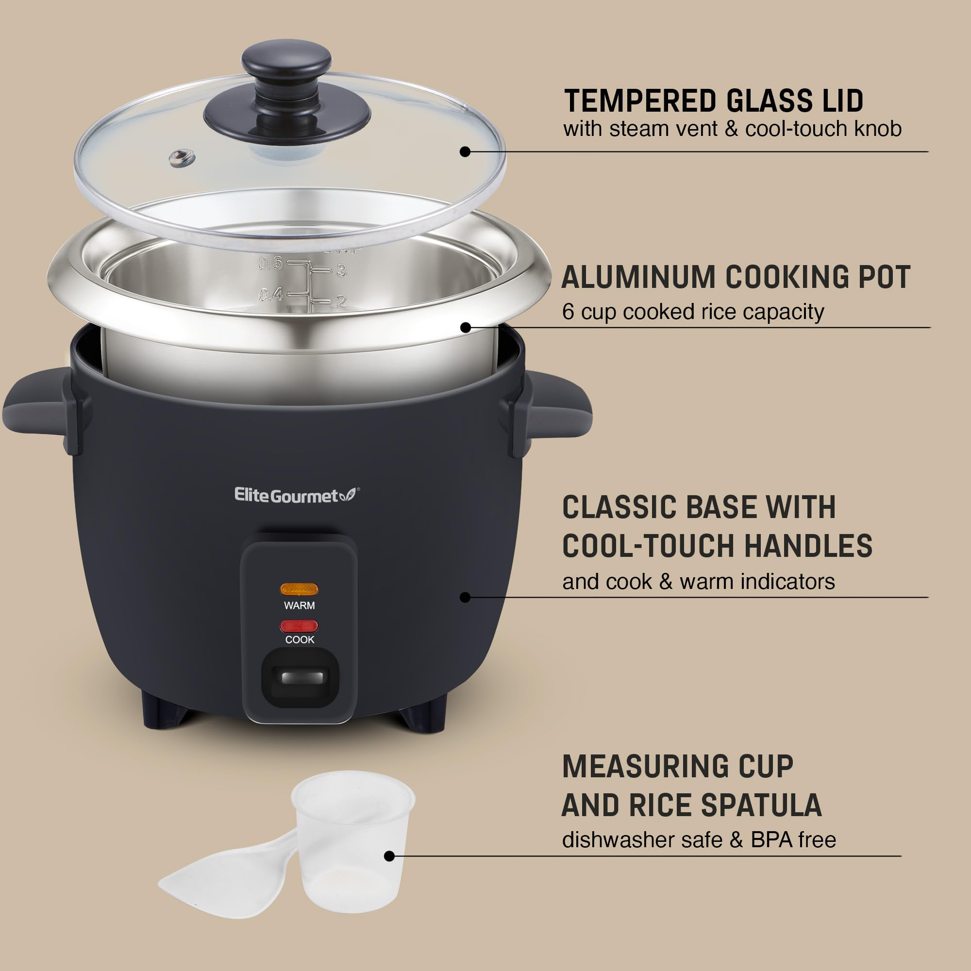 Elite Gourmet Erc003B Electric Rice Cooker With Automatic Keep Warm Makes Soups, Stews, Grains, Hot Cereals, 6 Cups Cooked (3 Cu
