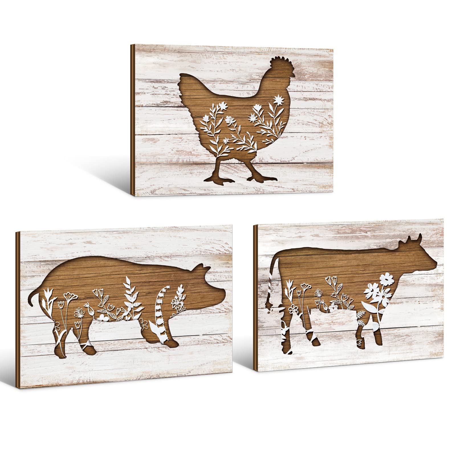 Jetec 3 Pieces Farmhouse Kitchen Signs Cow Rooster and Pig Decors 7.9 x 5.9 Inch Rustic Wooden Signs Country Wall Decorations fo