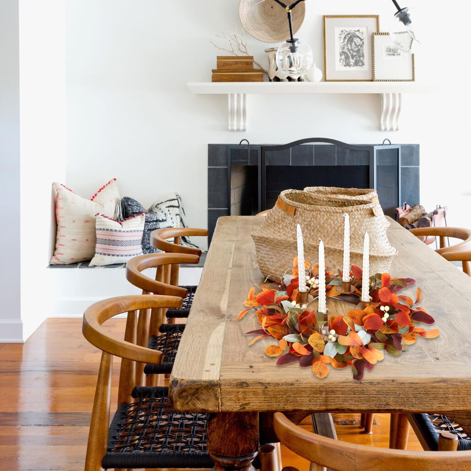 CIR OASES 12 inch Fall Candle Wreaths Artificial Lambs Ears Leaves Garland with Berries Autumn Candle Rings for Pillars Wedding