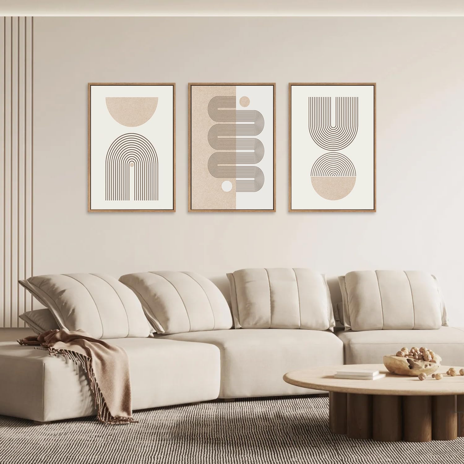 Chditb Framed Boho Wall Art Set Of 3, 24''X36'' Beige Mid Century Modern Wall Decor, Abstract Geometric Line Wall Painting, Larg
