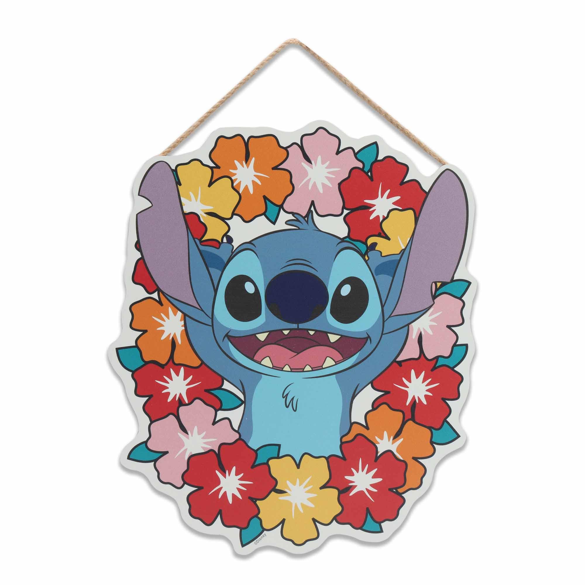 Disney Lilo and Stitch Floral Lei Hanging Wood Wall Decor - Cute Stitch Sign for Home or Beach House