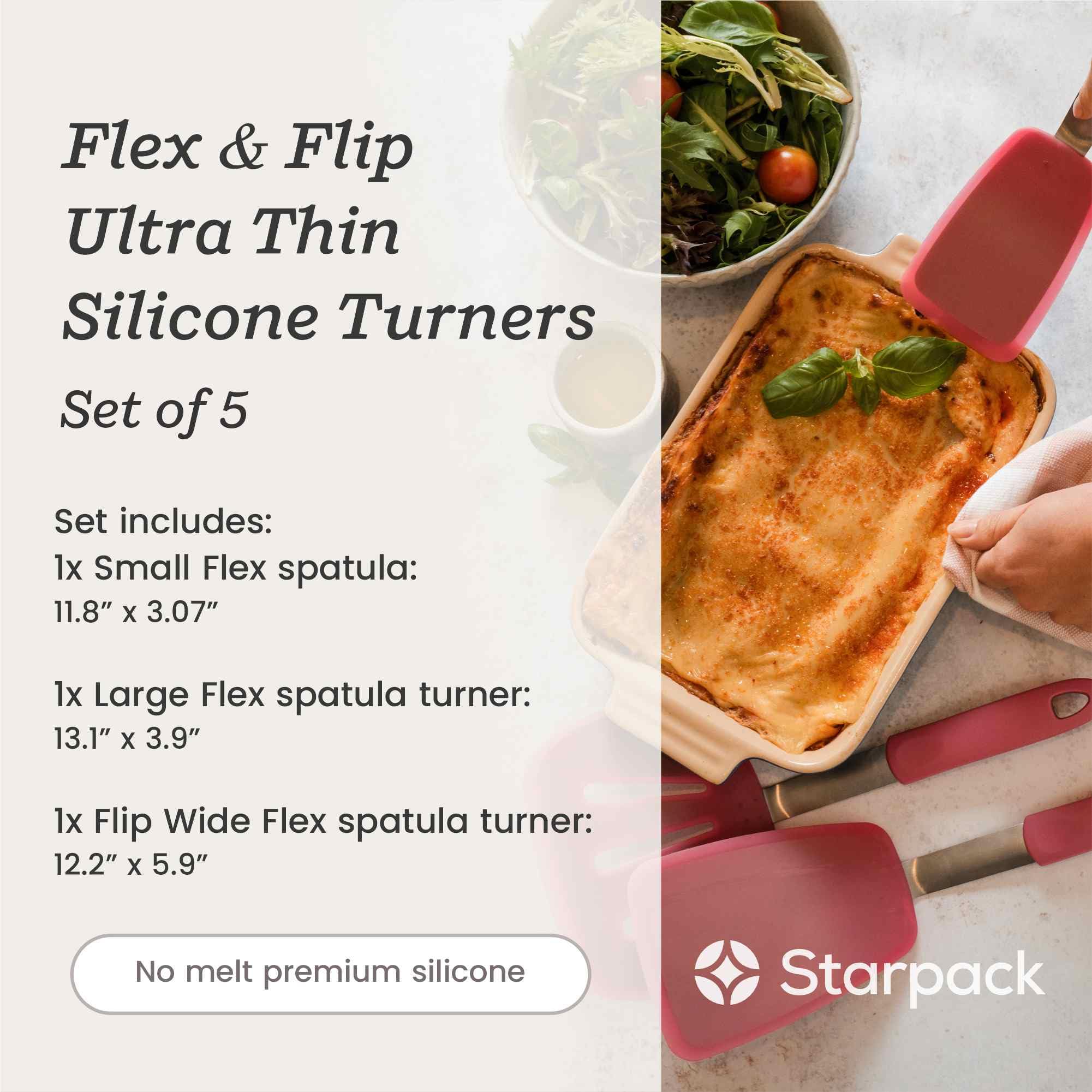 Starpack 'Flex & Flip' Flexible Silicone Turner Spatula Set (3 Pcs) - High Heat Resistant Spatulas For Cooking Egg 600F - Silico