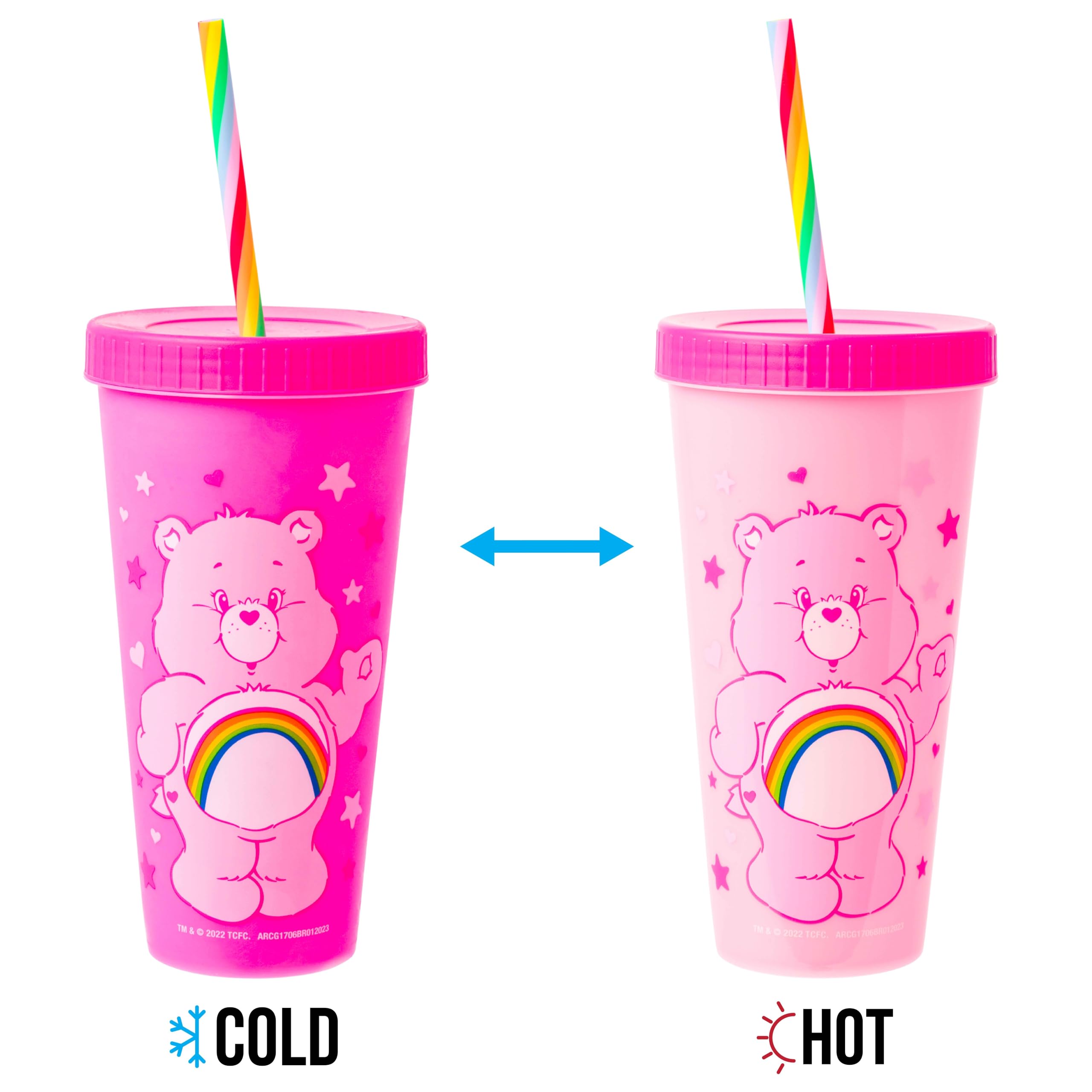 Silver Buffalo Care Bears Hearts And Stars 4 Pack Plastic Color Changing Tumblers With Rainbow Swirl Straws Featuring Tenderhear