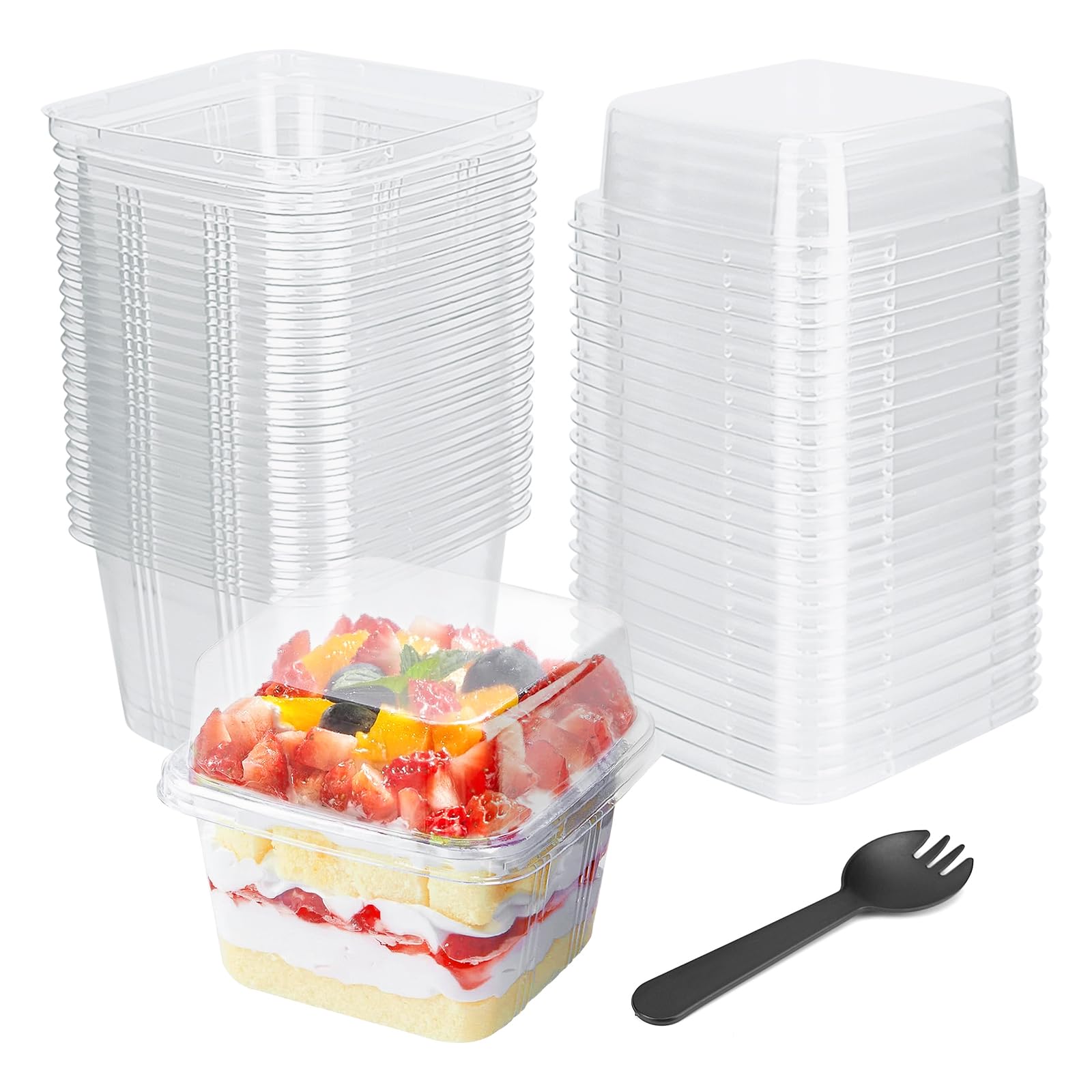 Yoiyini 25Pcs 10Oz Mini Square Clear Dessert Cups With Lids And Spoons,Plastic Ice Cream Containers,Fruit Cups With Lid For Part