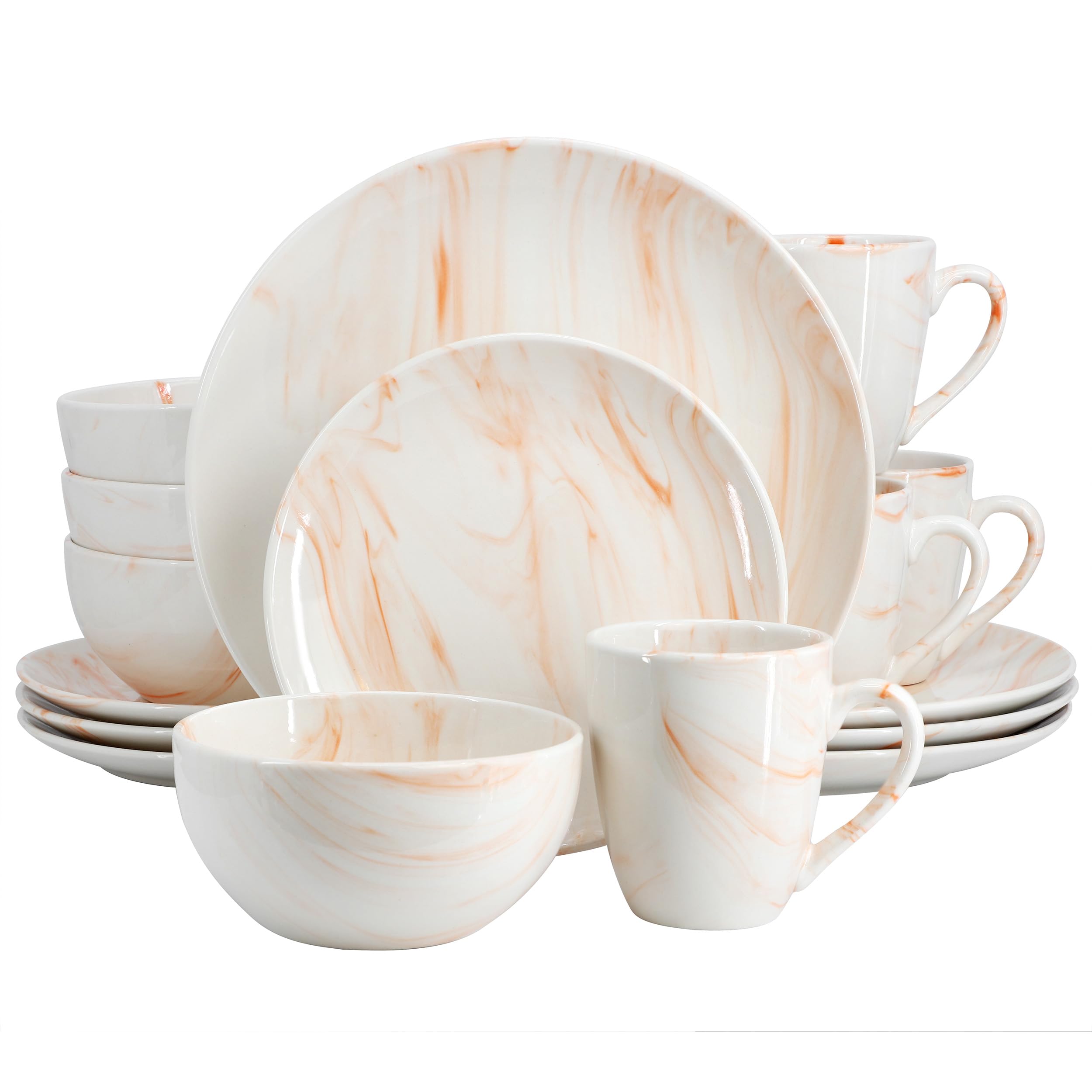 Elama Fine Marble 16 Piece Porcelain Dinnerware Set, Tableware Set, Everyday Dining, Service for 4 (Orange)