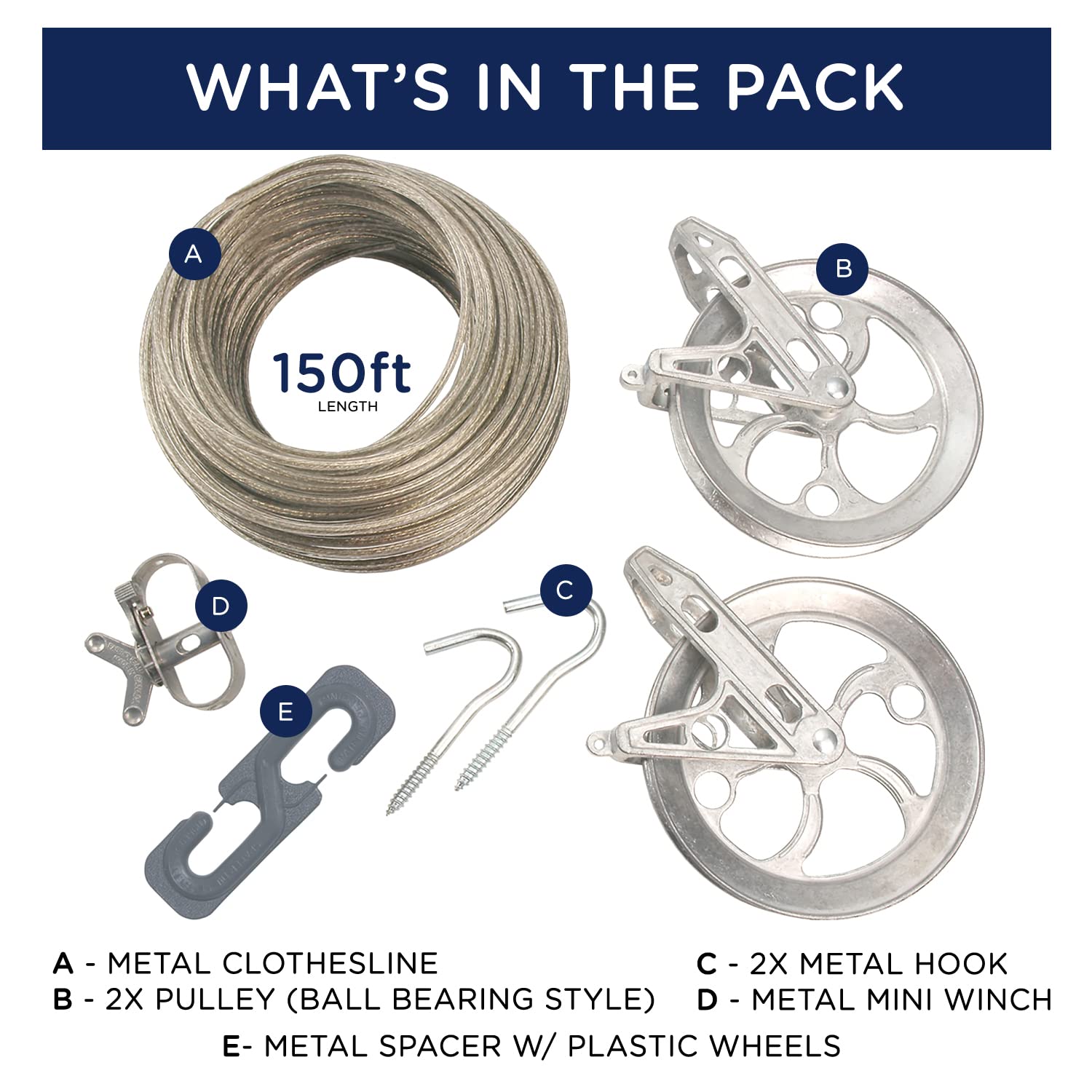 Strata Clothesline Outdoor Heavy Duty Kit - 150 Feet Galvanized Wire Gold Pvc Coating, 6.5'' Clothesline Pulley 2Pcs, Metal Mini