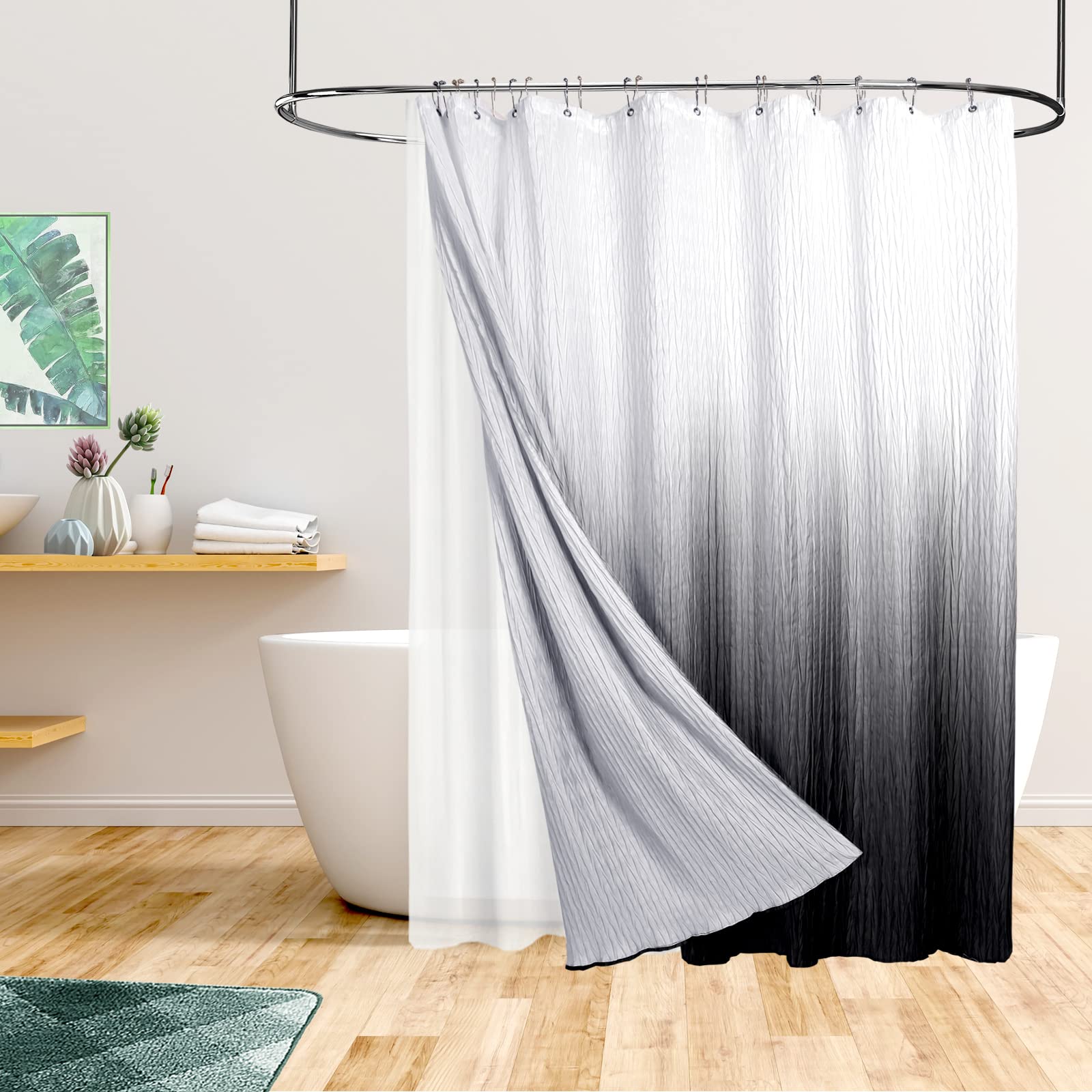 Black Shower Curtain Sets With Hooks, Ombre Black Shower Curtains For Bathroom, Textured Fabric Shower Curtain Liner, 72 X 72 In