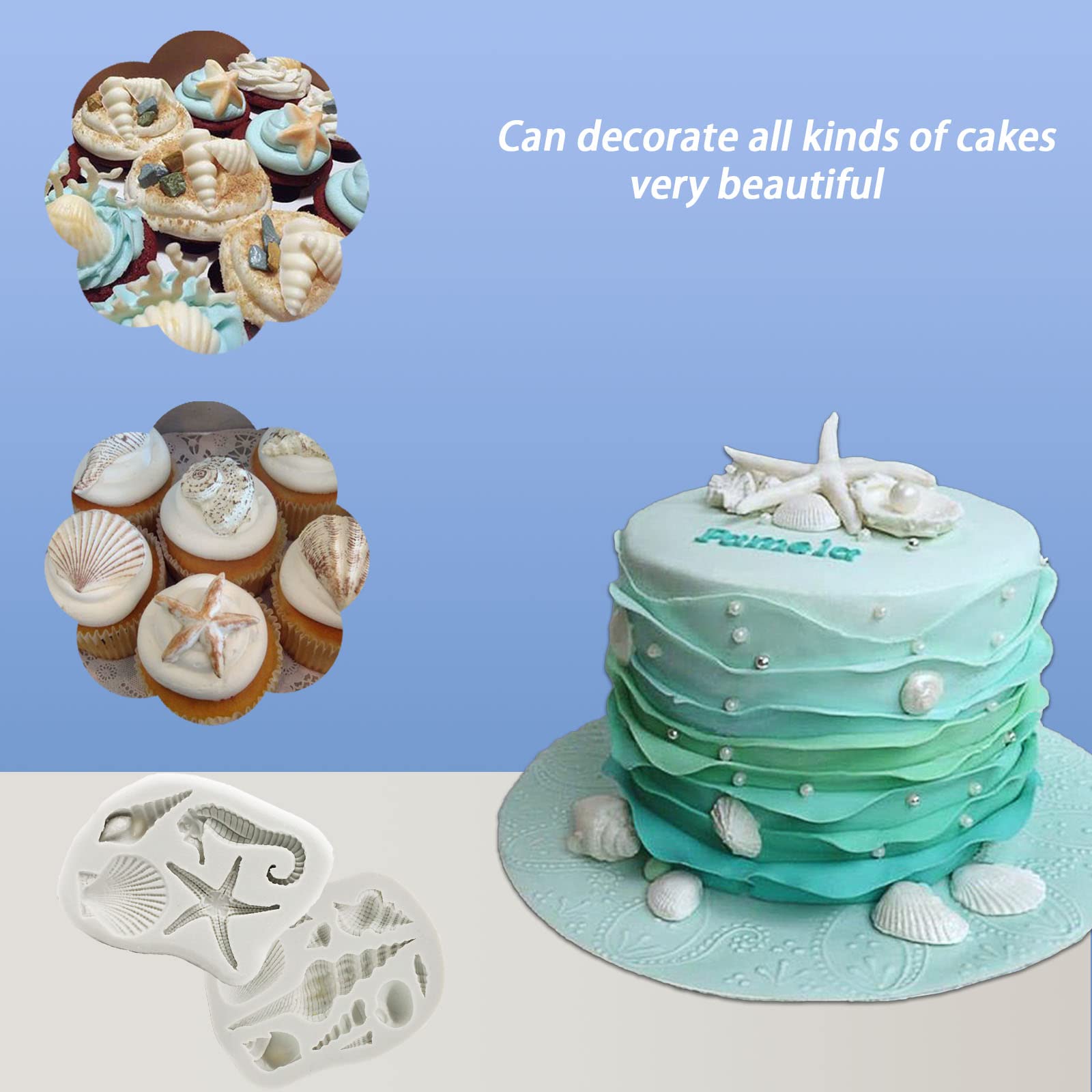 Memovan Marine Theme Silicone Fondant Mold 4Pcs Marine Under The Sea Cake Mold Hippocampus Seaweed Sea Fish Crab Coral Conch Sea