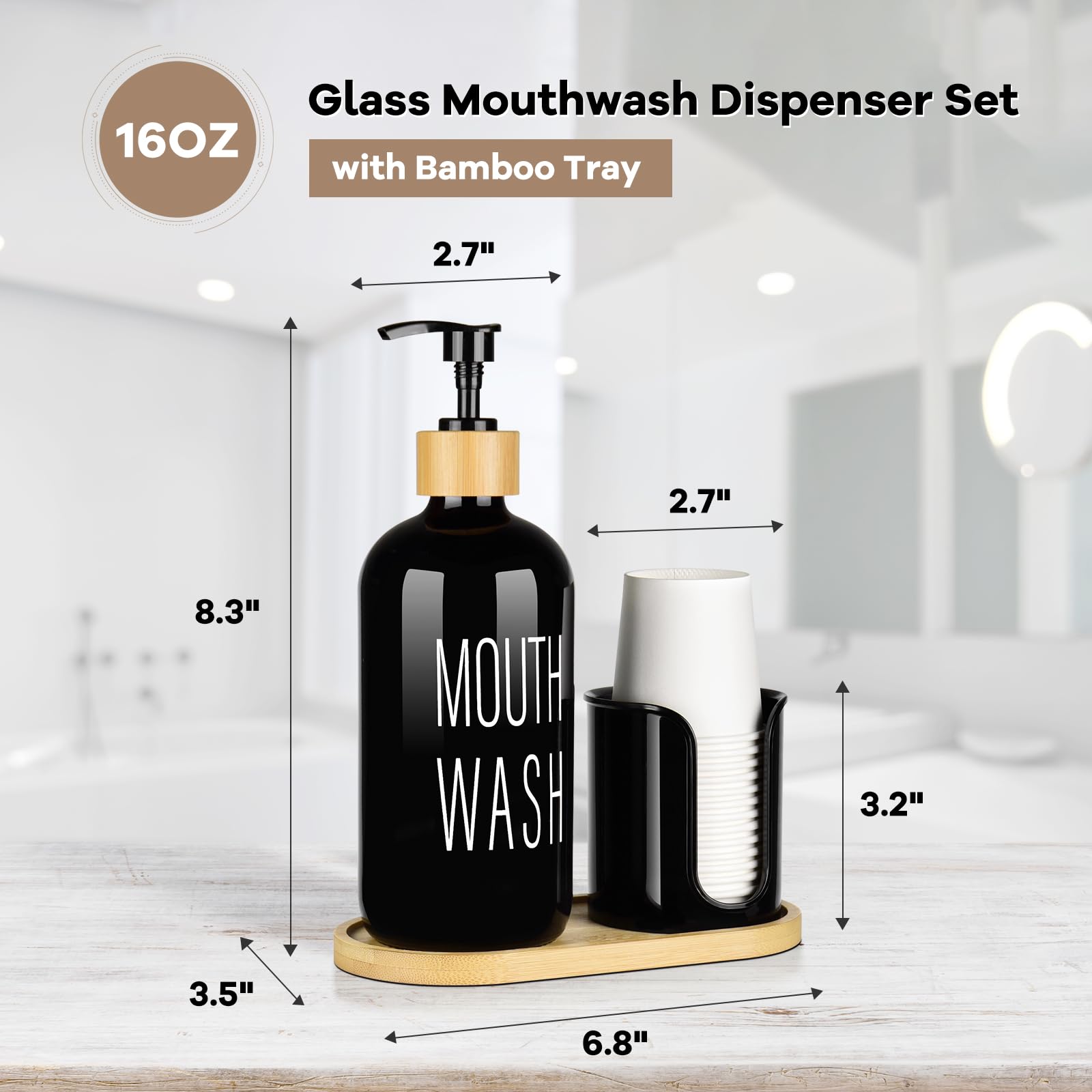 Byaway Black Mouthwash Dispenser For Bathroom - 16Oz Pump Glass Bottle With Cup Holder, 14 Mouthwash Cups,Bamboo Tray, And Funne